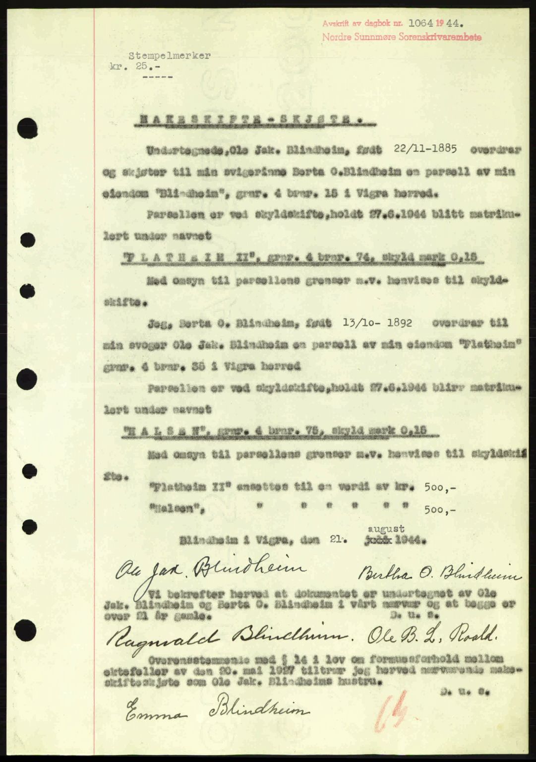 Nordre Sunnmøre sorenskriveri, SAT/A-0006/1/2/2C/2Ca: Pantebok nr. A18, 1944-1944, Dagboknr: 1064/1944