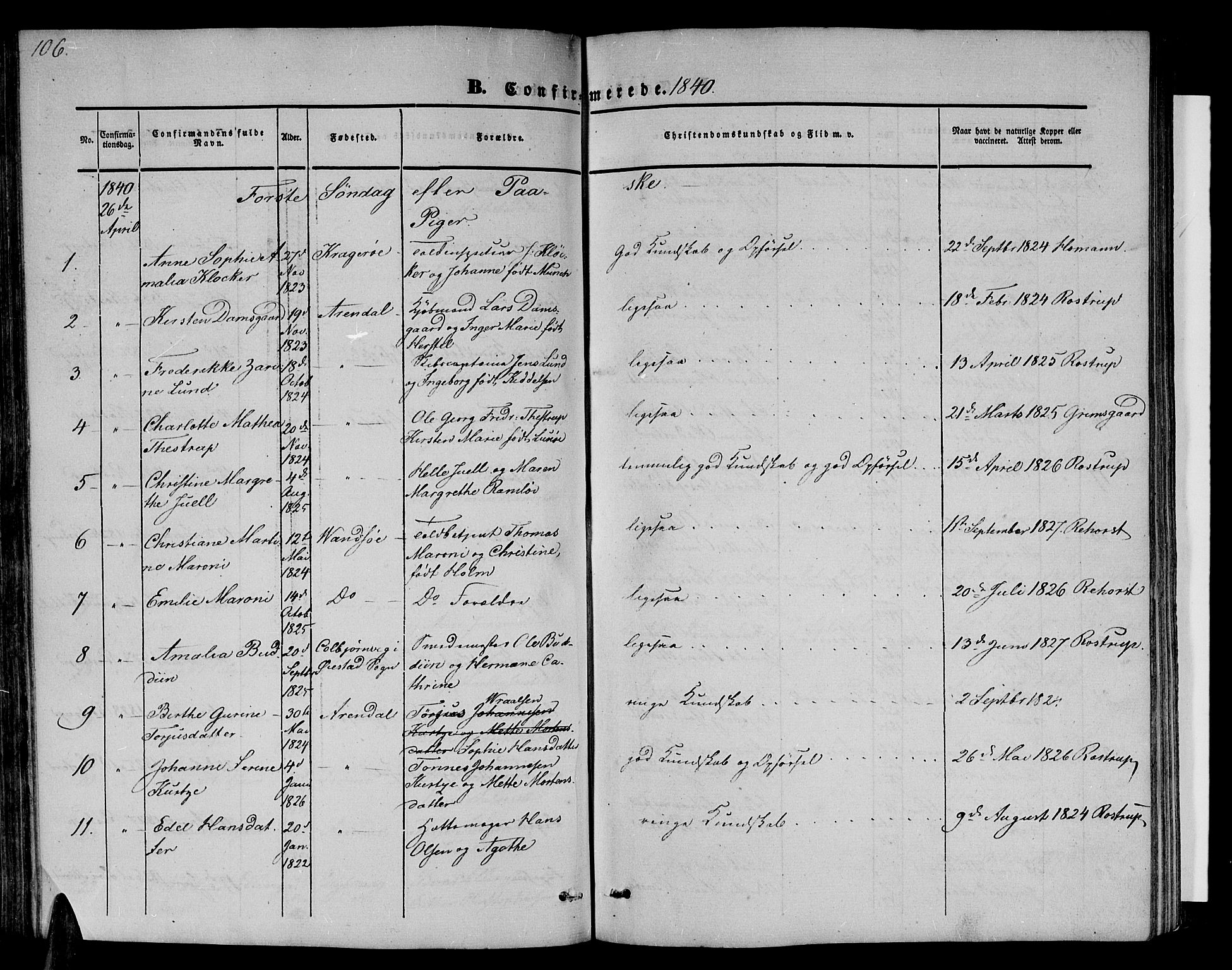 Arendal sokneprestkontor, Trefoldighet, AV/SAK-1111-0040/F/Fb/L0002: Klokkerbok nr. B 2, 1838-1860, s. 106
