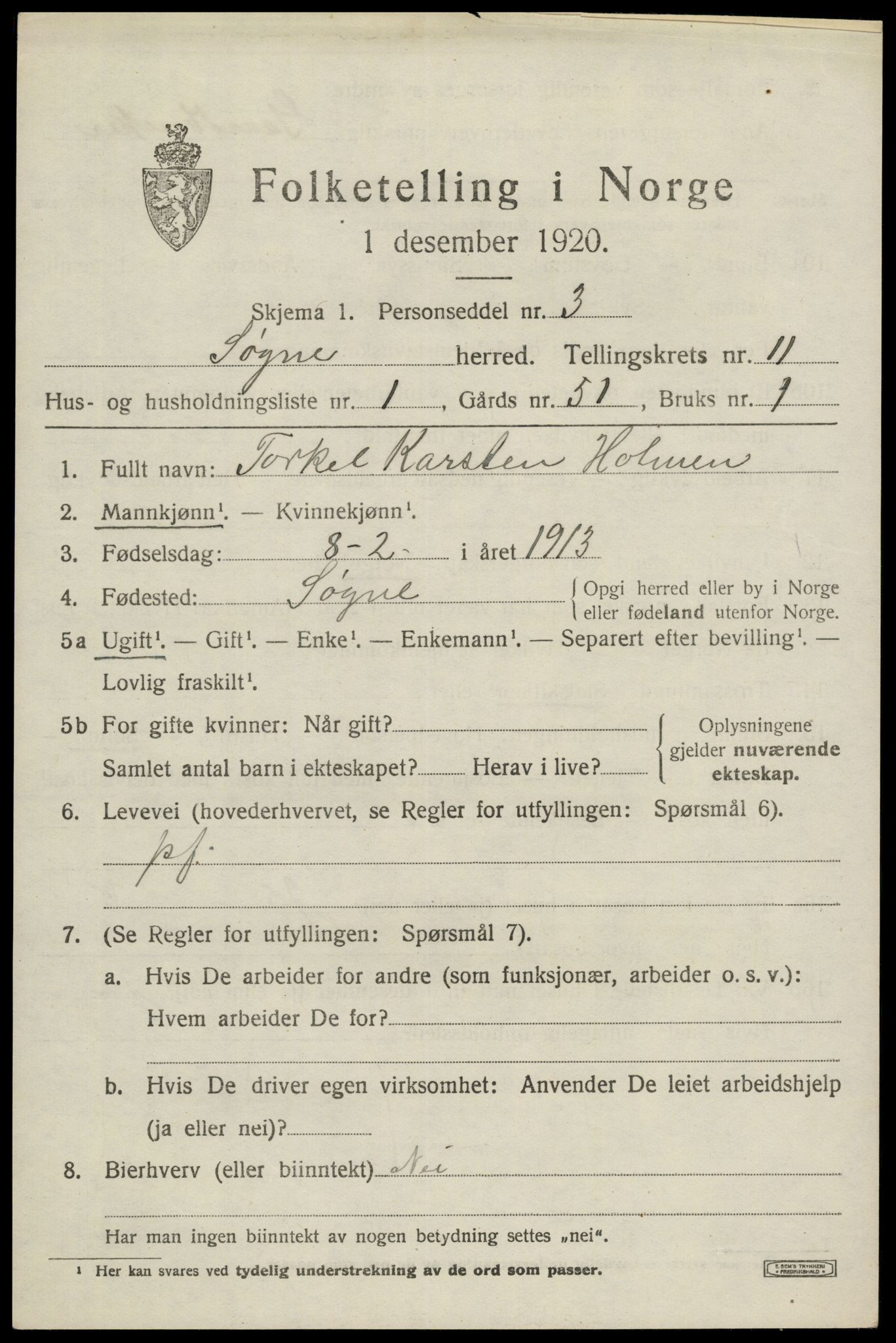 SAK, Folketelling 1920 for 1018 Søgne herred, 1920, s. 5603