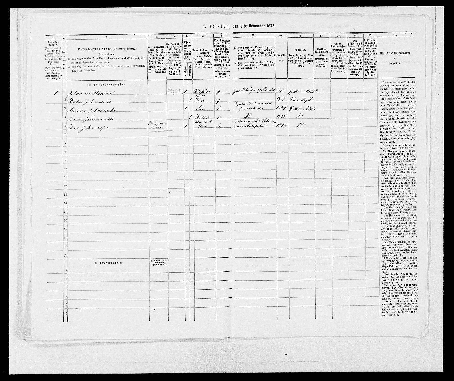 SAB, Folketelling 1875 for 1250P Haus prestegjeld, 1875, s. 183