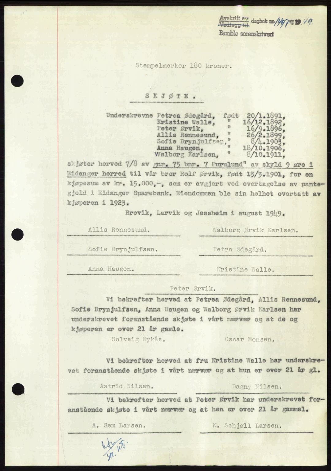 Bamble sorenskriveri, SAKO/A-214/G/Ga/Gag/L0015: Pantebok nr. A-15, 1949-1949, Dagboknr: 1497/1949