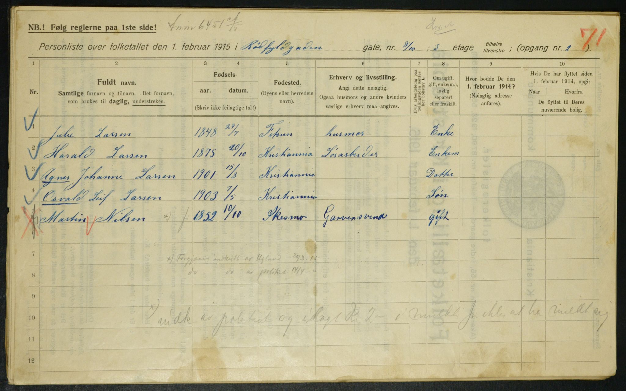 OBA, Kommunal folketelling 1.2.1915 for Kristiania, 1915, s. 85545