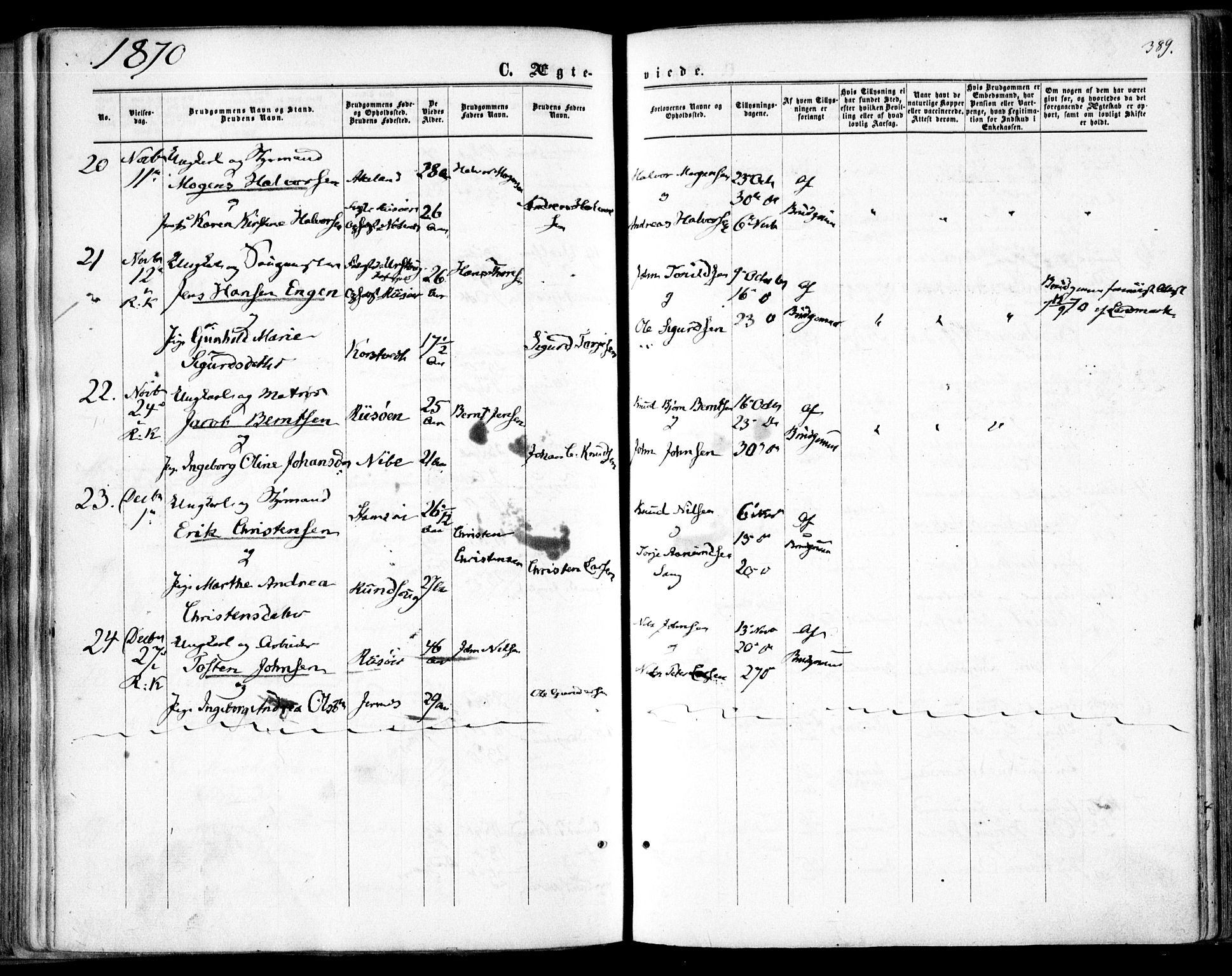 Søndeled sokneprestkontor, SAK/1111-0038/F/Fa/L0003: Ministerialbok nr. A 3, 1861-1879, s. 389