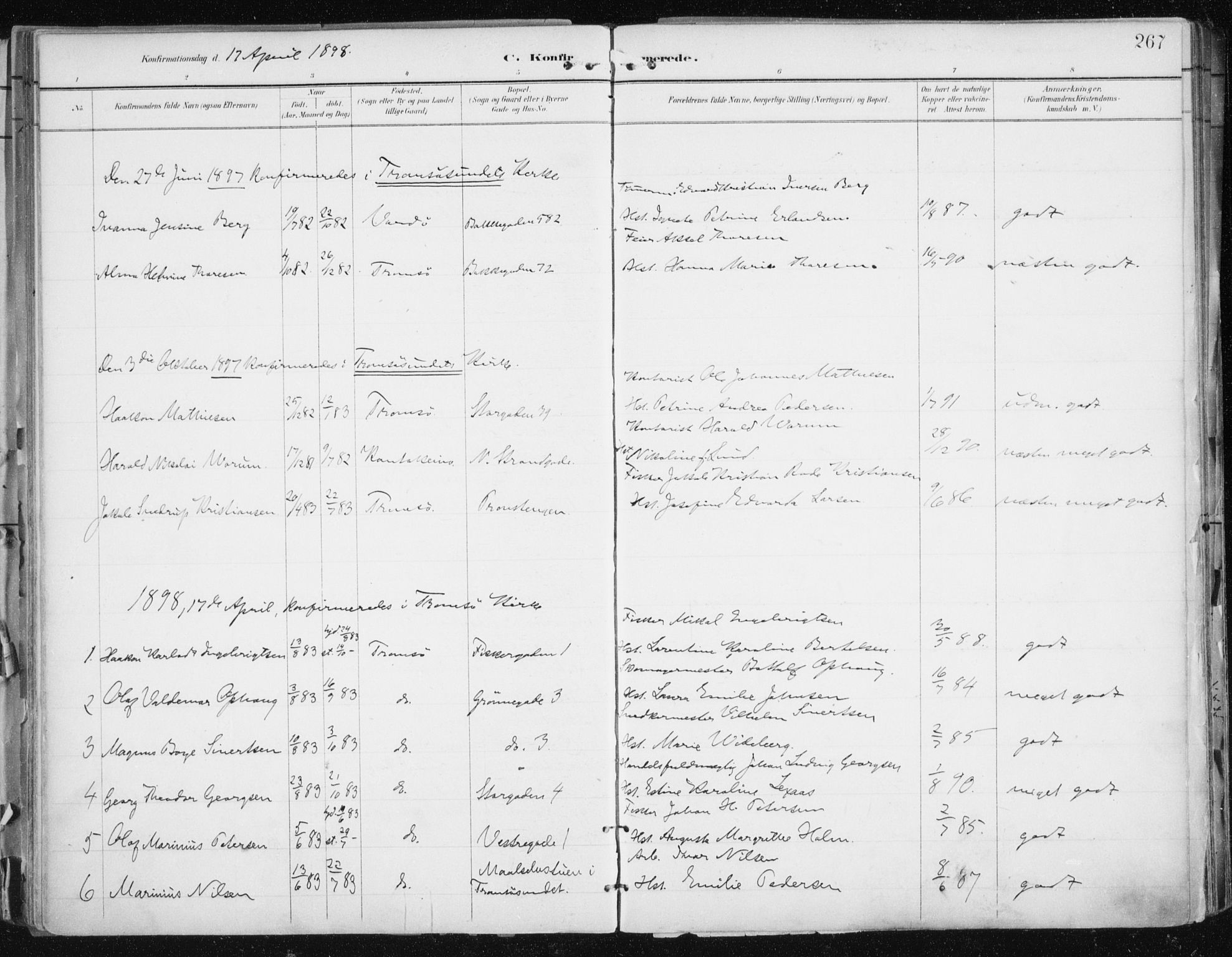 Tromsø sokneprestkontor/stiftsprosti/domprosti, AV/SATØ-S-1343/G/Ga/L0015kirke: Ministerialbok nr. 15, 1889-1899, s. 267