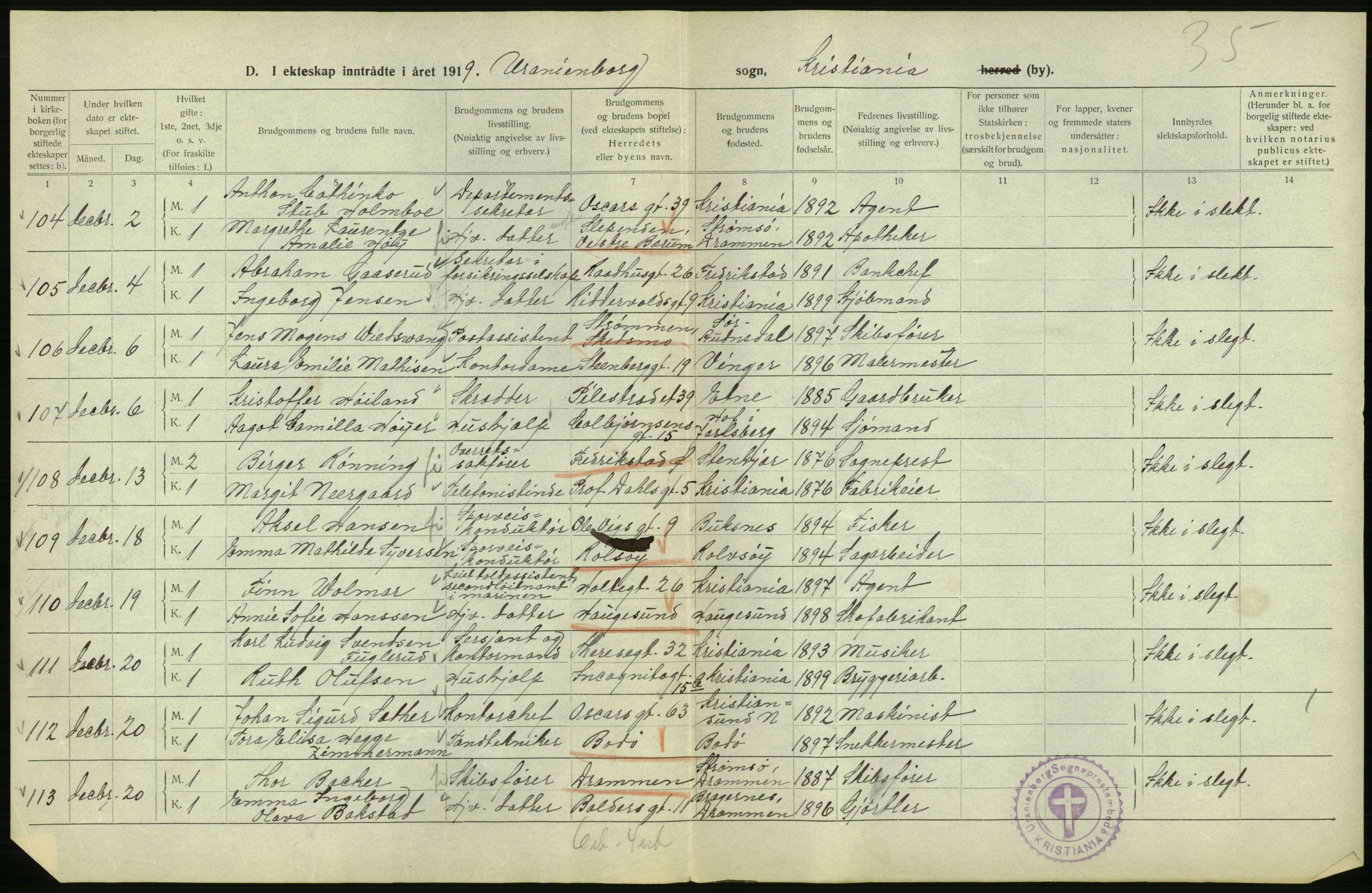 Statistisk sentralbyrå, Sosiodemografiske emner, Befolkning, AV/RA-S-2228/D/Df/Dfb/Dfbi/L0009: Kristiania: Gifte, 1919, s. 234