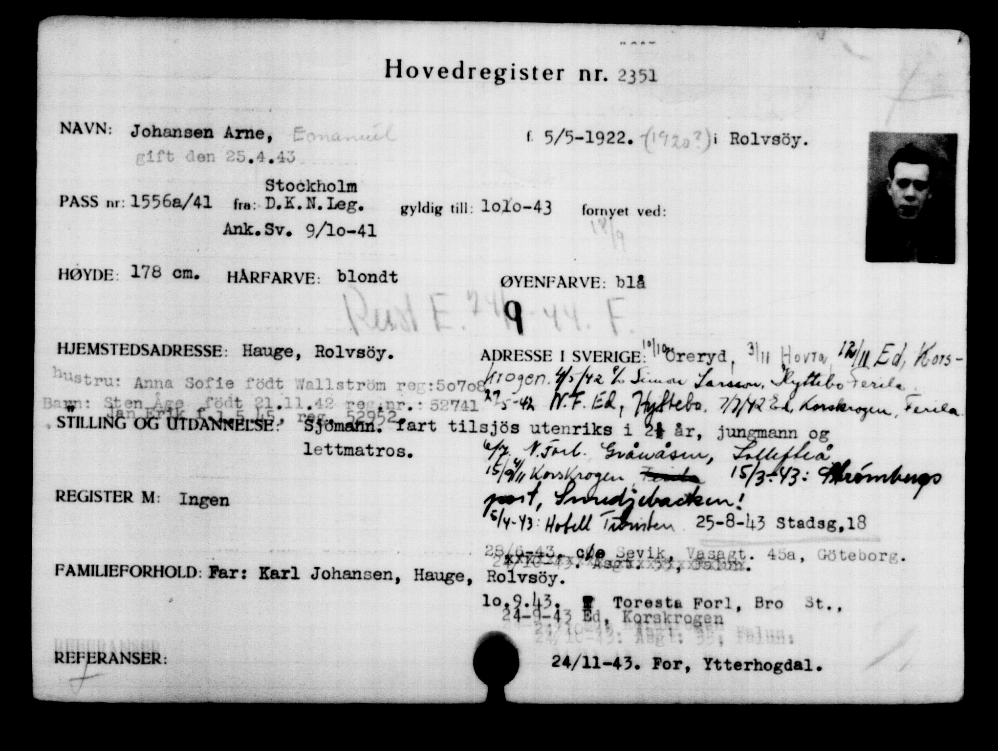Utenriksstasjonene, Legasjonen i Stockholm, Flyktningkontoret, AV/RA-S-6753/V/Va/L0003: Kjesäterkartoteket, flyktninger med registreringsnr. 2001-3495, 1940-1945, s. 496