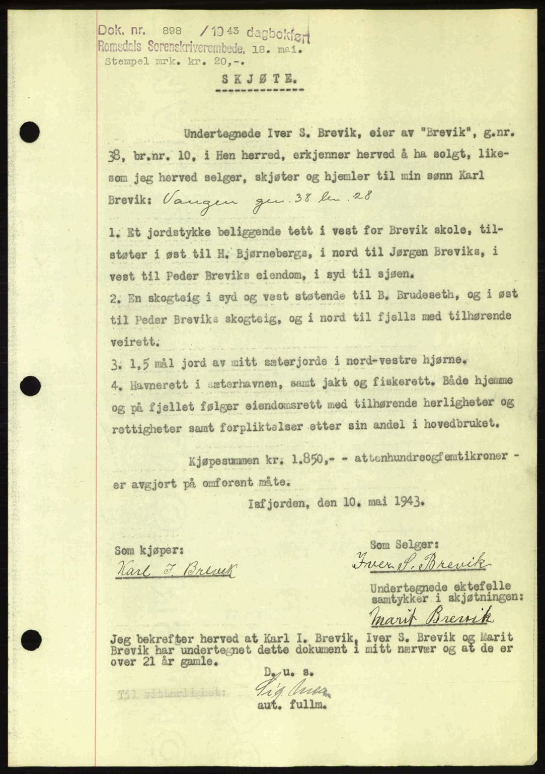 Romsdal sorenskriveri, SAT/A-4149/1/2/2C: Pantebok nr. A14, 1943-1943, Dagboknr: 898/1943