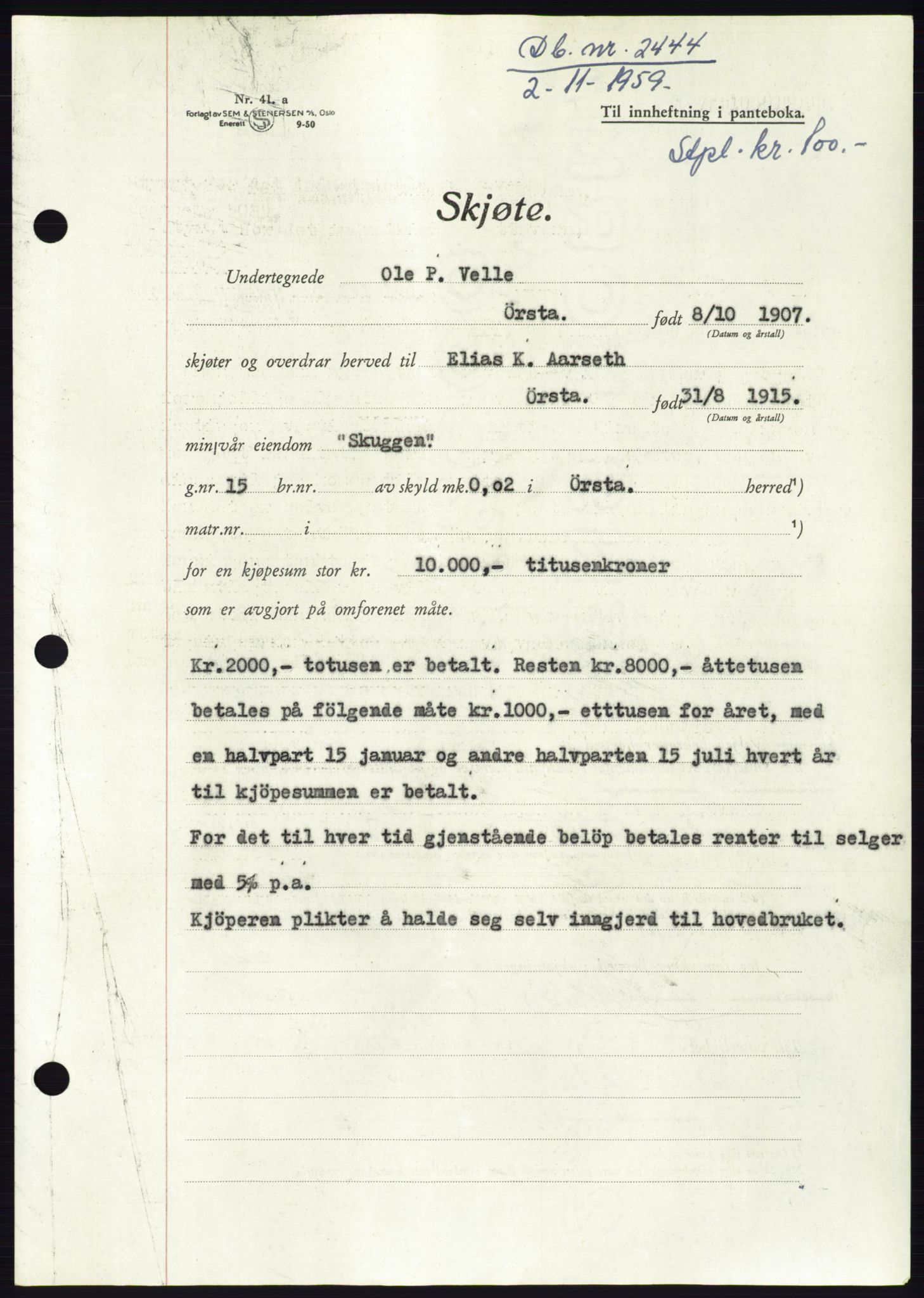 Søre Sunnmøre sorenskriveri, AV/SAT-A-4122/1/2/2C/L0113: Pantebok nr. 39A, 1959-1959, Dagboknr: 2444/1959