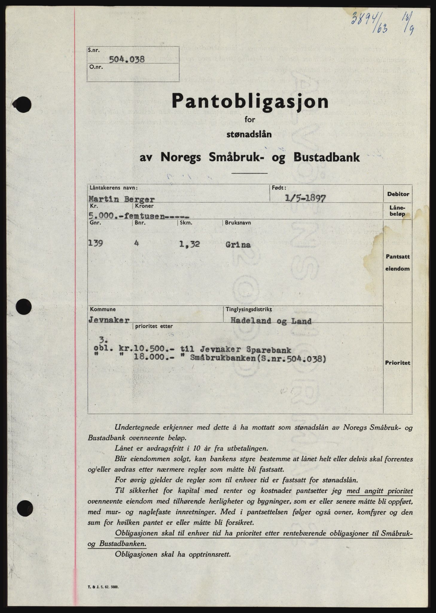 Hadeland og Land tingrett, SAH/TING-010/H/Hb/Hbc/L0052: Pantebok nr. B52, 1963-1963, Dagboknr: 3894/1963