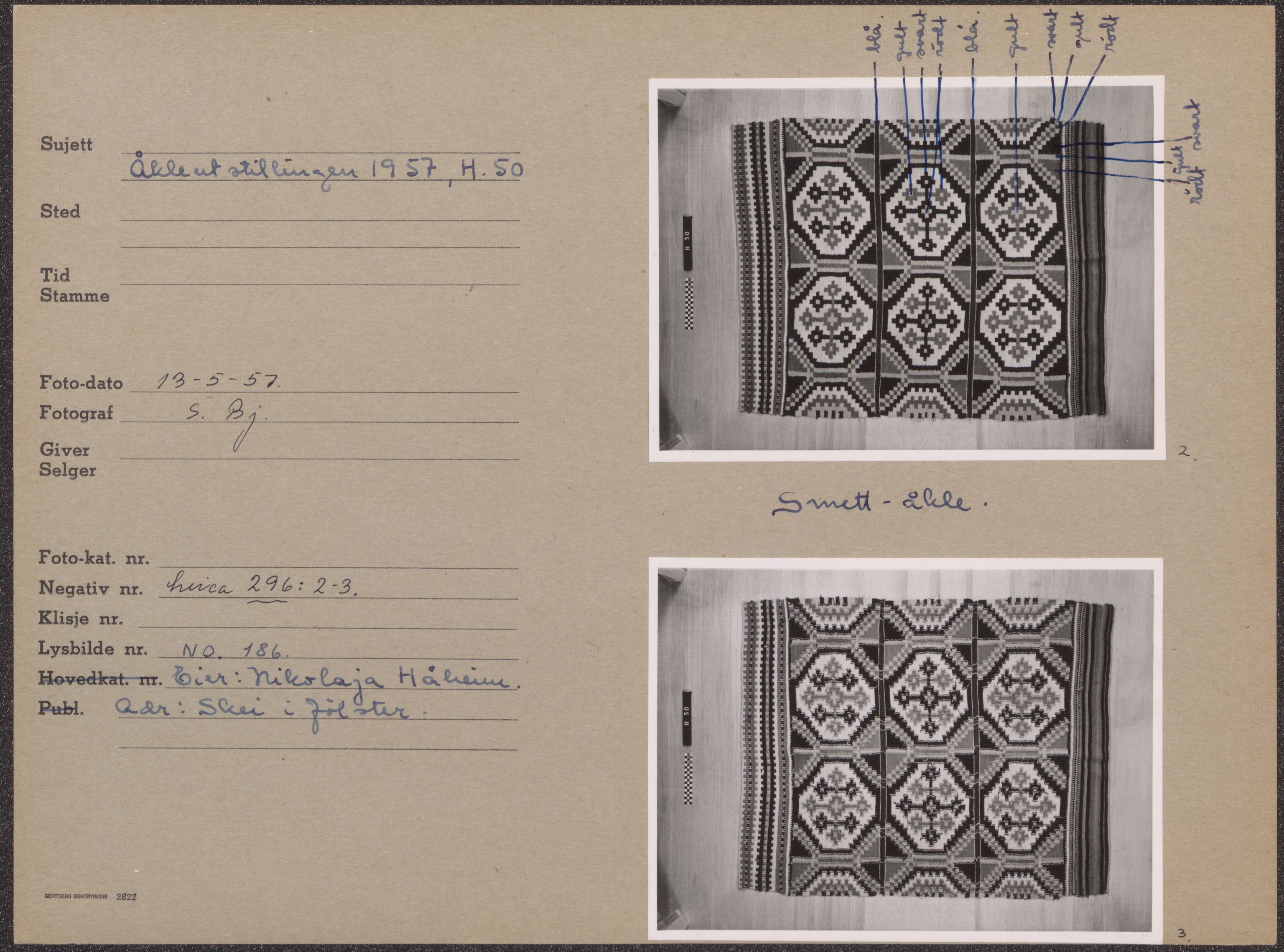 Åkleprosjektet 1957, UMB/A008/F/Fa/L0001/0003: Registreringskort Smettåkle A-H / Smettåkler H, 1957