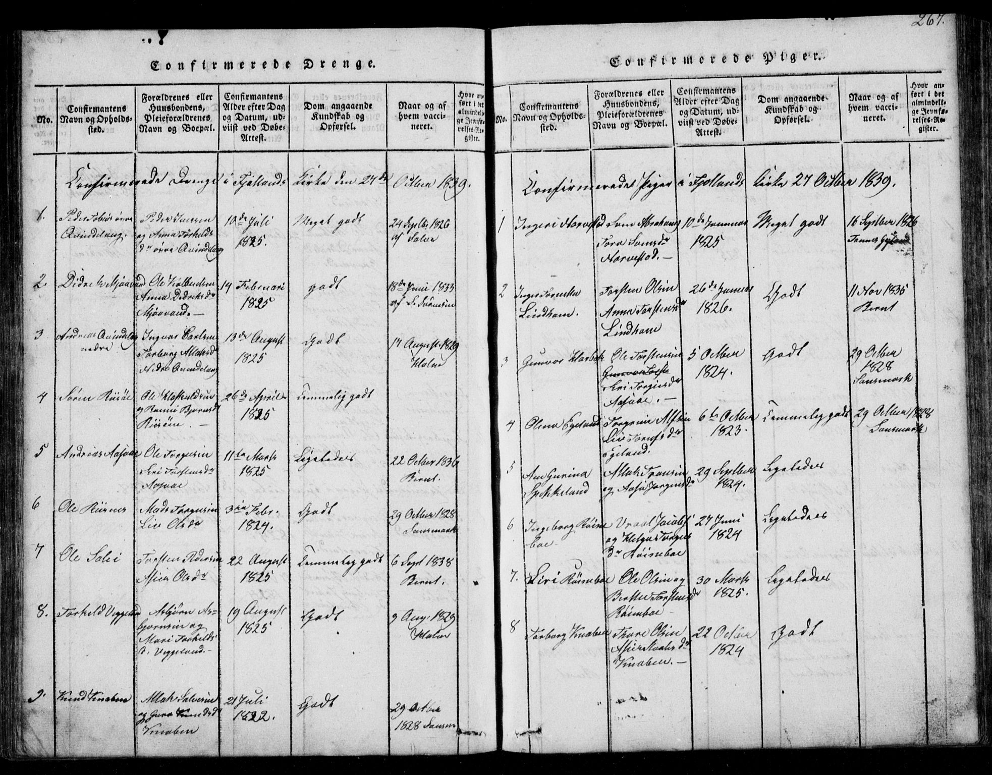 Fjotland sokneprestkontor, AV/SAK-1111-0010/F/Fb/L0001: Klokkerbok nr. B 1, 1816-1849, s. 267