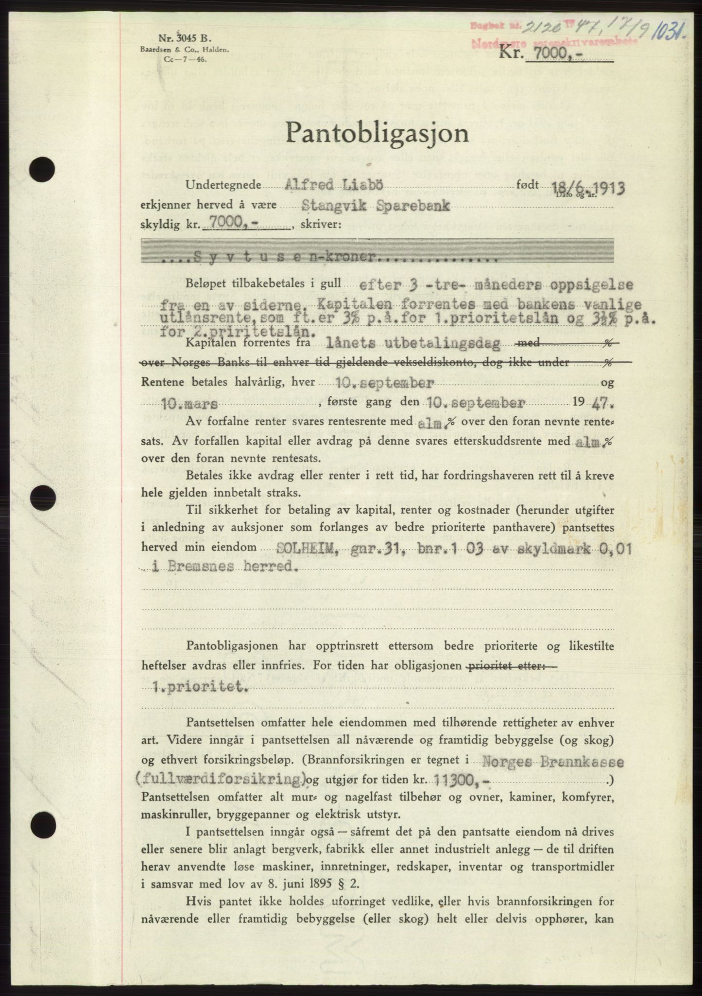 Nordmøre sorenskriveri, SAT/A-4132/1/2/2Ca: Pantebok nr. B96, 1947-1947, Dagboknr: 2120/1947
