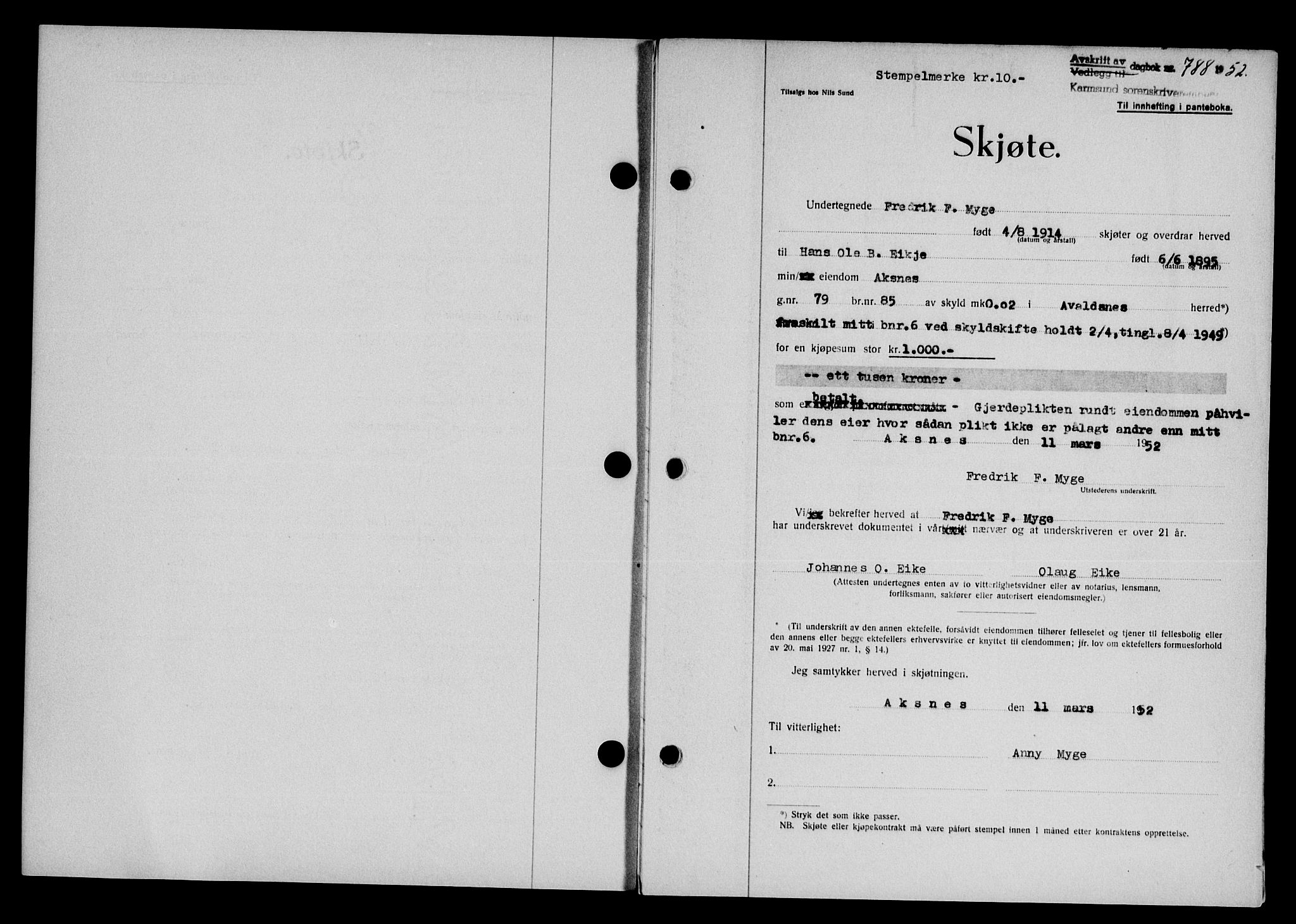 Karmsund sorenskriveri, SAST/A-100311/01/II/IIB/L0105: Pantebok nr. 85A, 1952-1952, Dagboknr: 788/1952