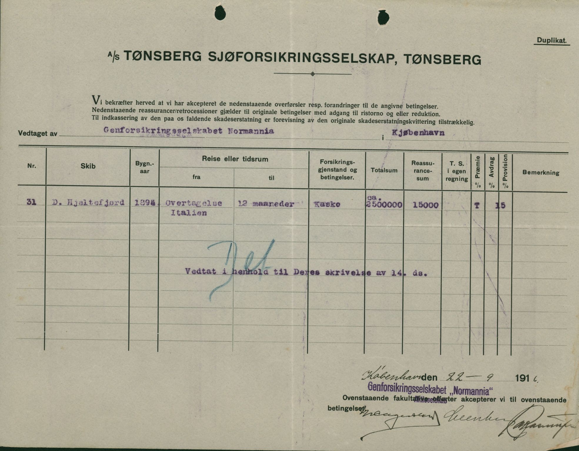 Pa 664 - Tønsberg Sjøforsikringsselskap, VEMU/A-1773/F/L0001: Forsikringspoliser, 1915-1918