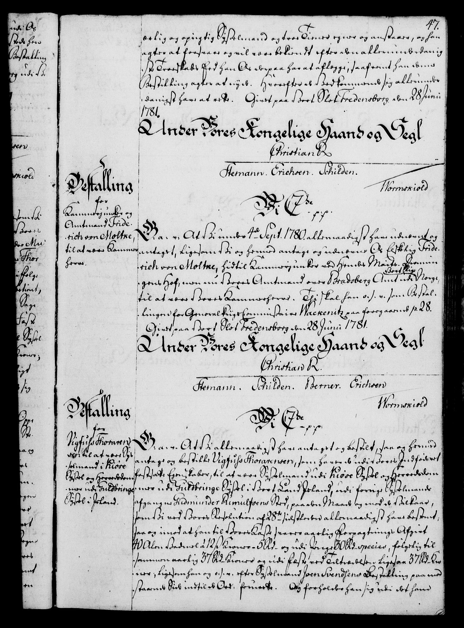Rentekammeret, Kammerkanselliet, RA/EA-3111/G/Gg/Gge/L0006: Norsk bestallingsprotokoll med register (merket RK 53.30), 1773-1814, s. 47