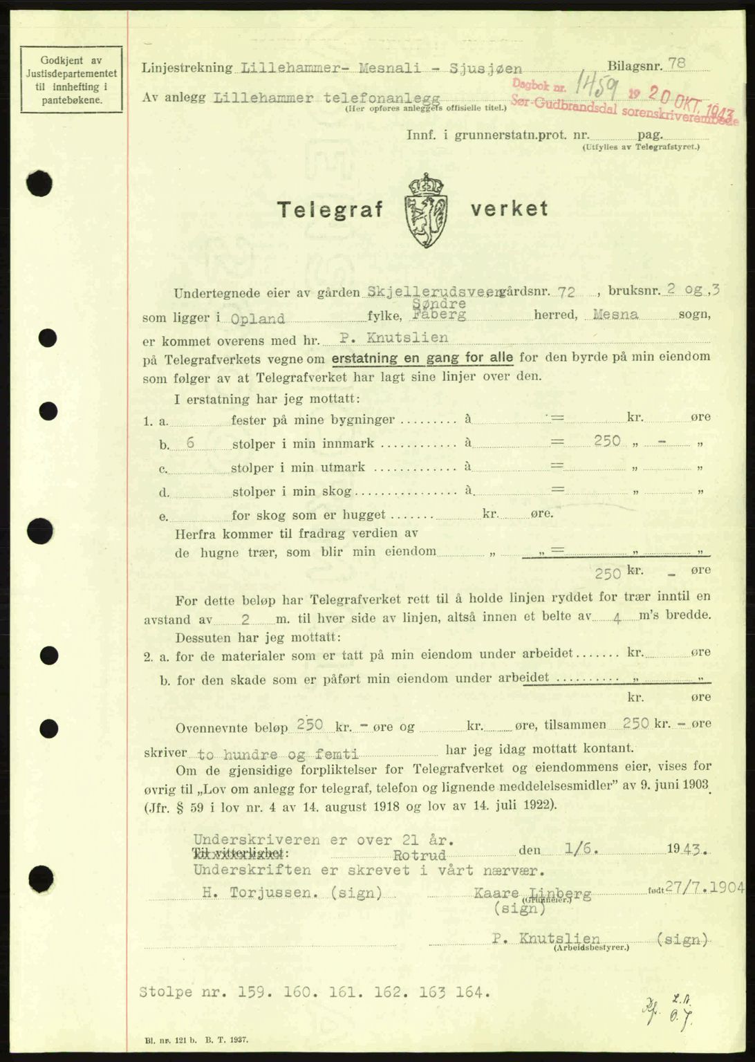 Sør-Gudbrandsdal tingrett, SAH/TING-004/H/Hb/Hbd/L0012: Pantebok nr. A12, 1943-1944, Dagboknr: 1459/1943