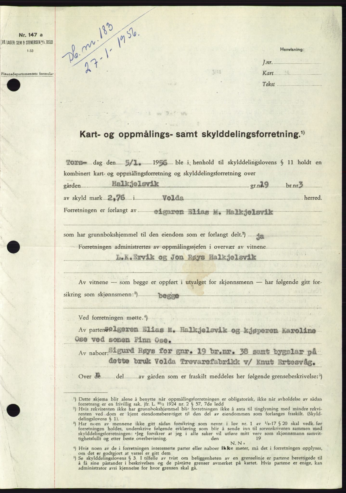 Søre Sunnmøre sorenskriveri, AV/SAT-A-4122/1/2/2C/L0102: Pantebok nr. 28A, 1955-1956, Dagboknr: 183/1956