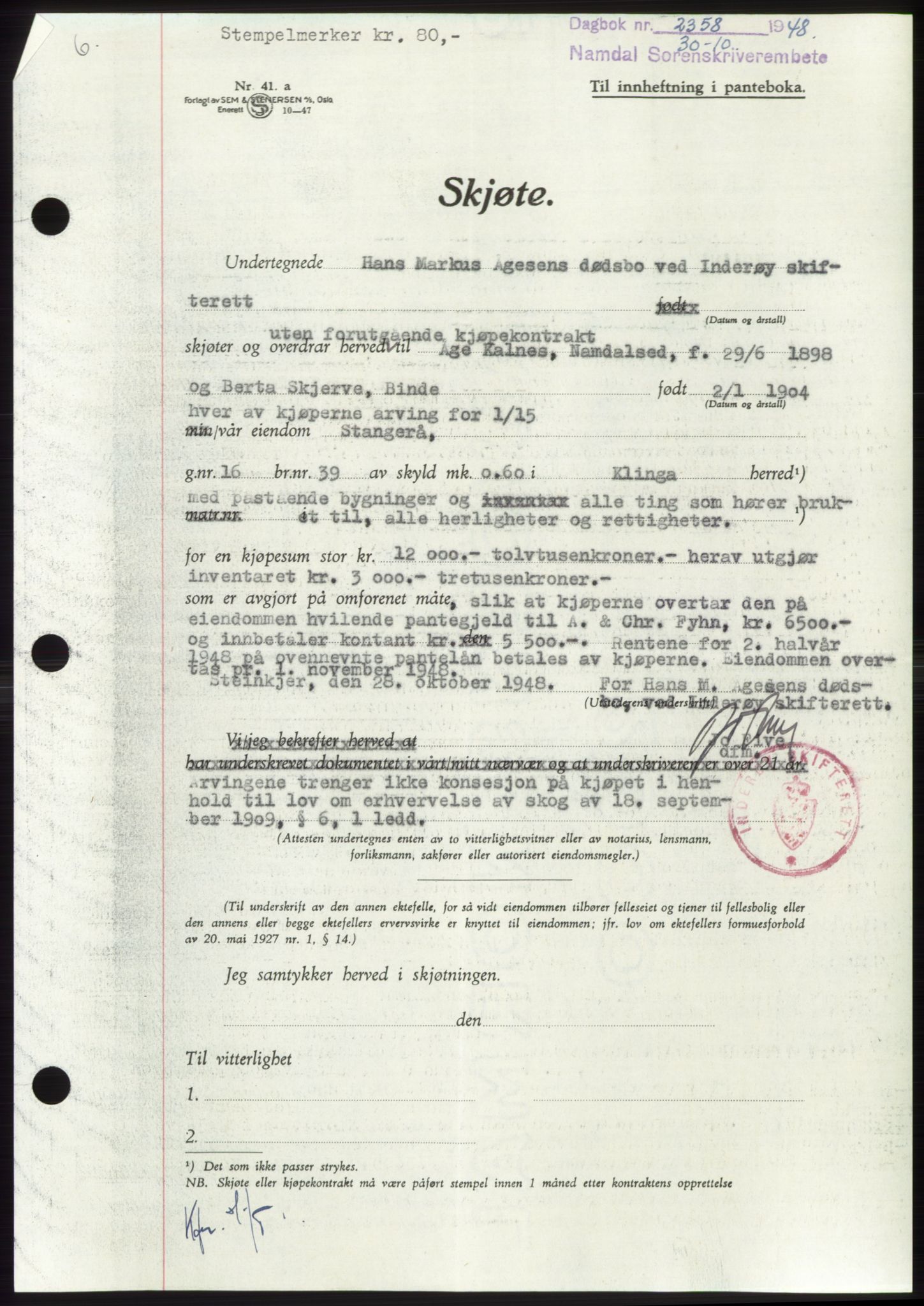 Namdal sorenskriveri, SAT/A-4133/1/2/2C: Pantebok nr. -, 1948-1948, Dagboknr: 2358/1948