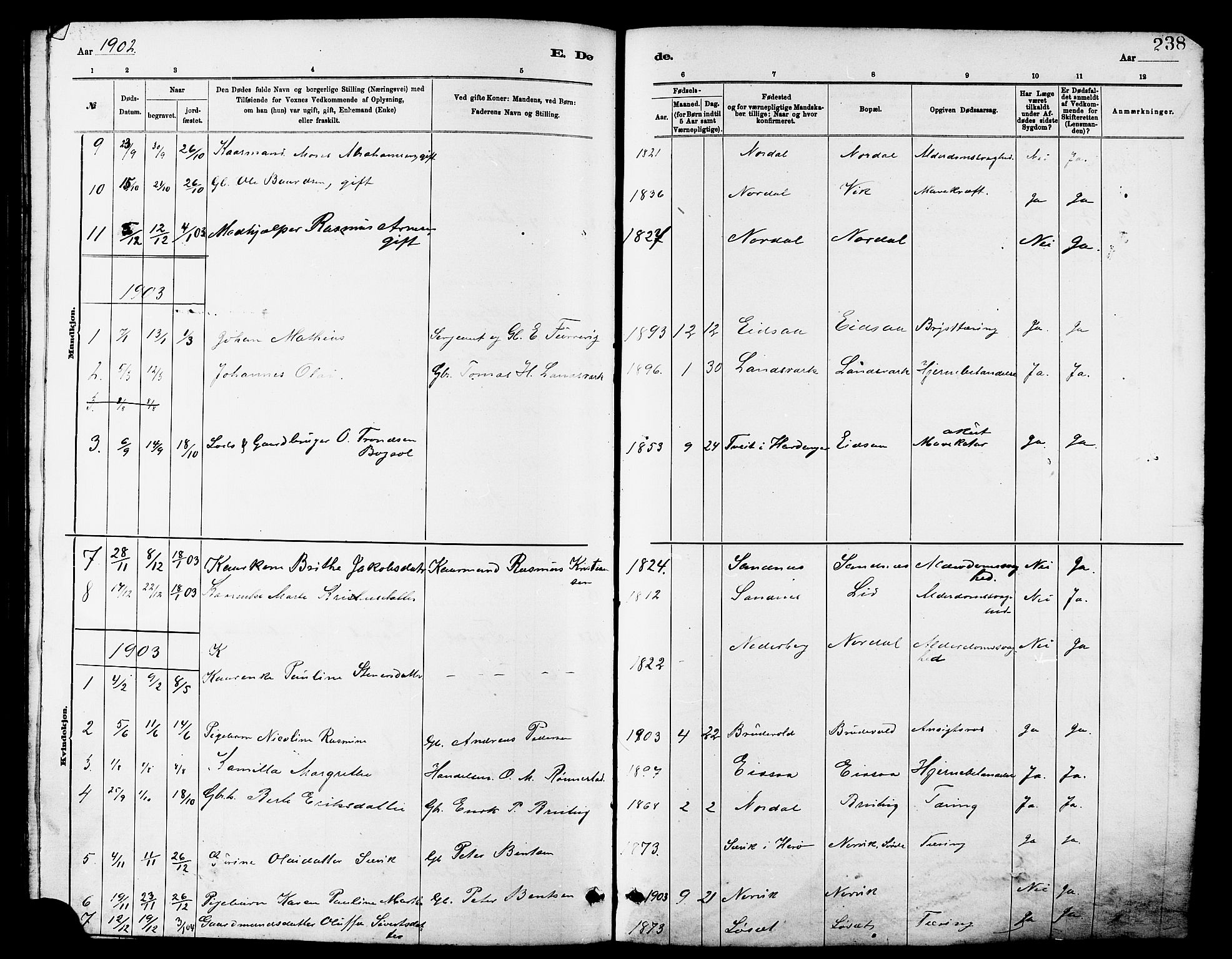 Ministerialprotokoller, klokkerbøker og fødselsregistre - Møre og Romsdal, SAT/A-1454/502/L0027: Klokkerbok nr. 502C01, 1878-1908, s. 238
