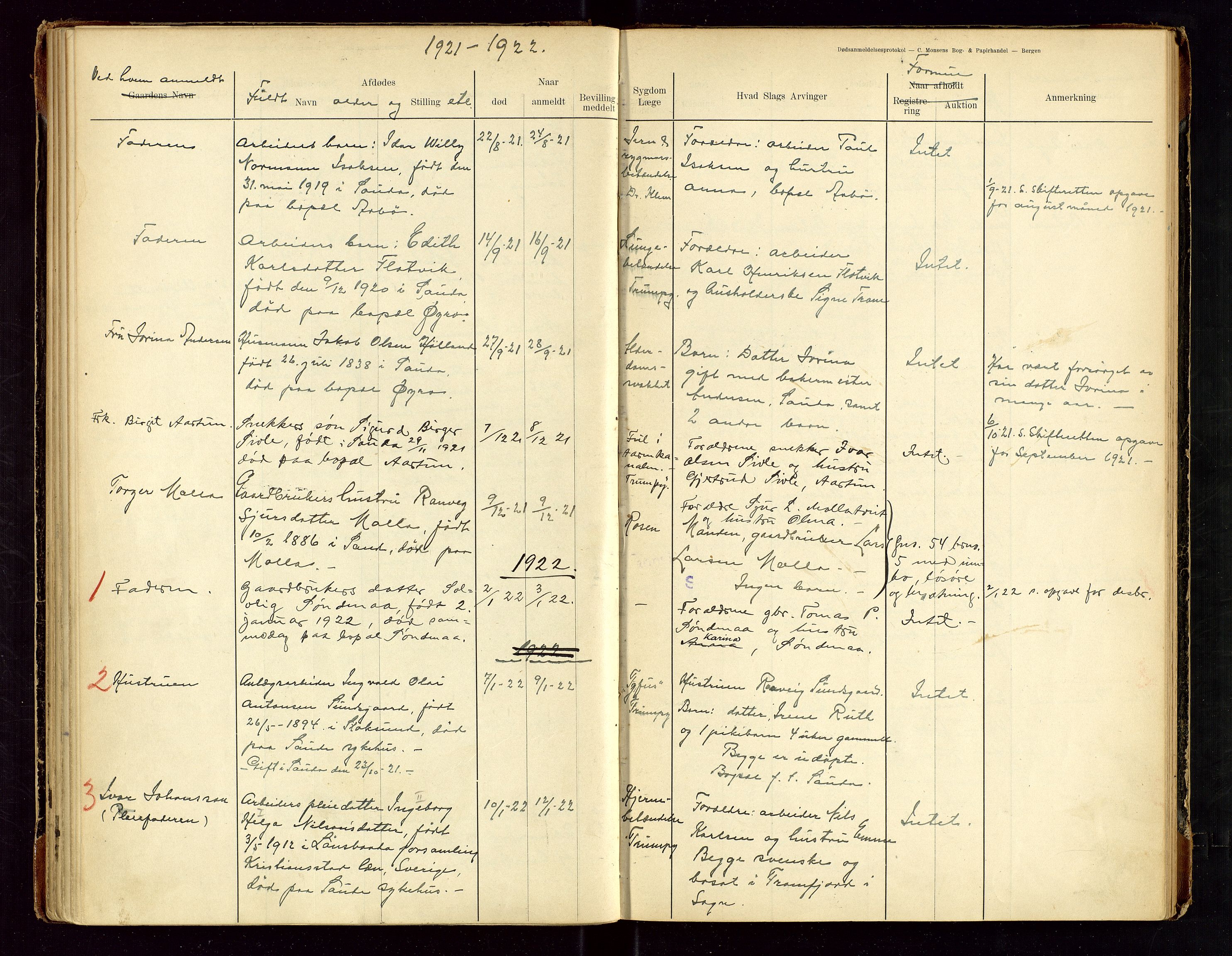 Sauda lensmannskontor, AV/SAST-A-100177/Gga/L0001: "Dødsanmeldelsesprotokol for Saude", 1900-1923