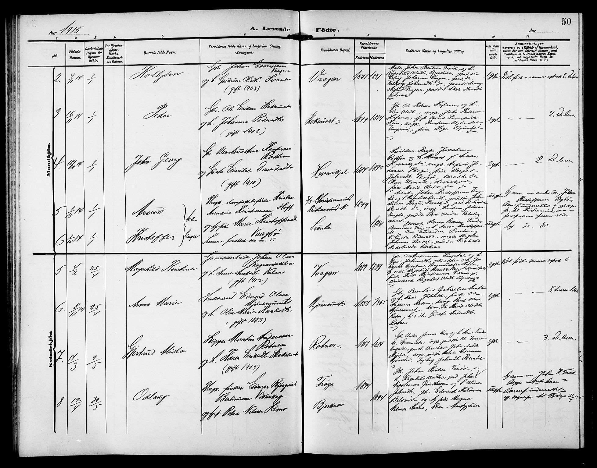 Ministerialprotokoller, klokkerbøker og fødselsregistre - Sør-Trøndelag, AV/SAT-A-1456/633/L0520: Klokkerbok nr. 633C02, 1906-1921, s. 50