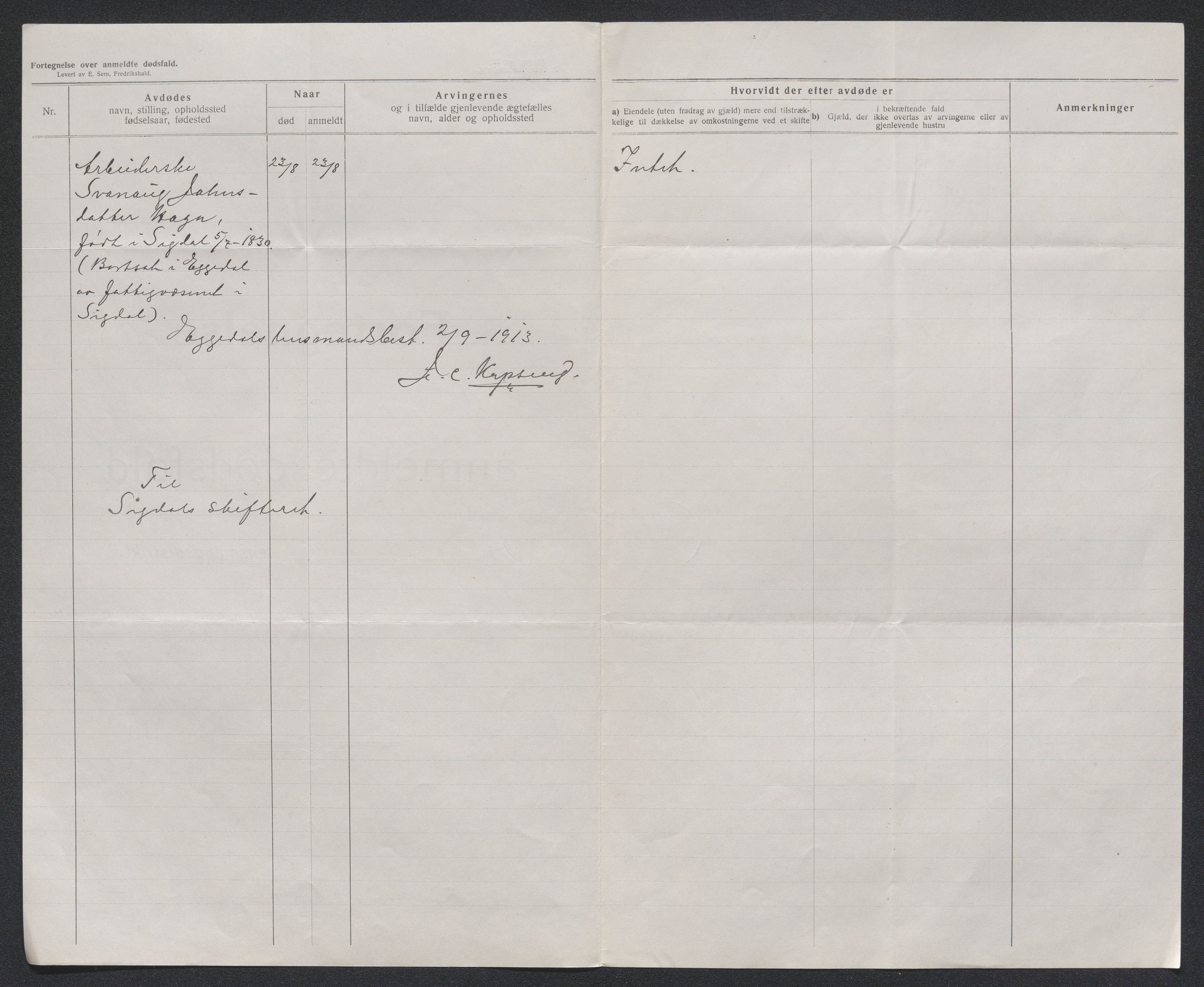 Eiker, Modum og Sigdal sorenskriveri, AV/SAKO-A-123/H/Ha/Hab/L0036: Dødsfallsmeldinger, 1913, s. 434