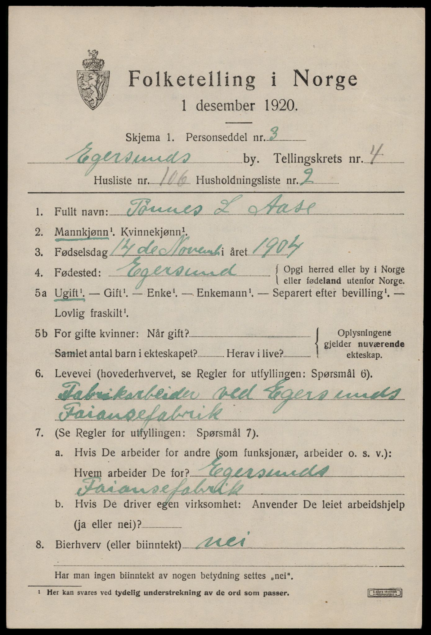 SAST, Folketelling 1920 for 1101 Egersund ladested, 1920, s. 8024
