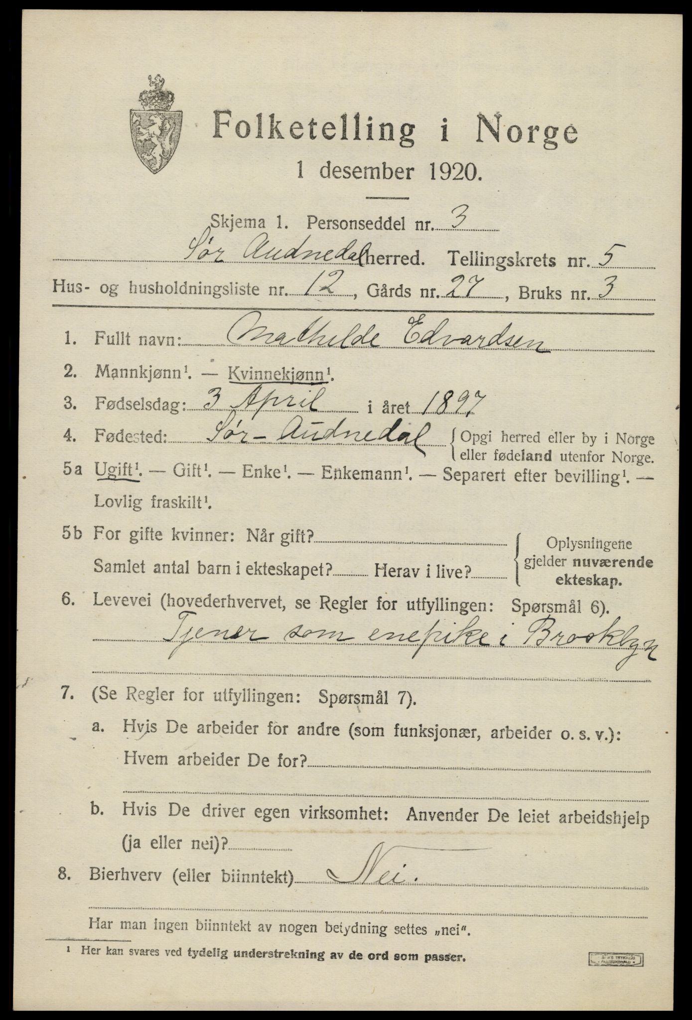 SAK, Folketelling 1920 for 1029 Sør-Audnedal herred, 1920, s. 2619
