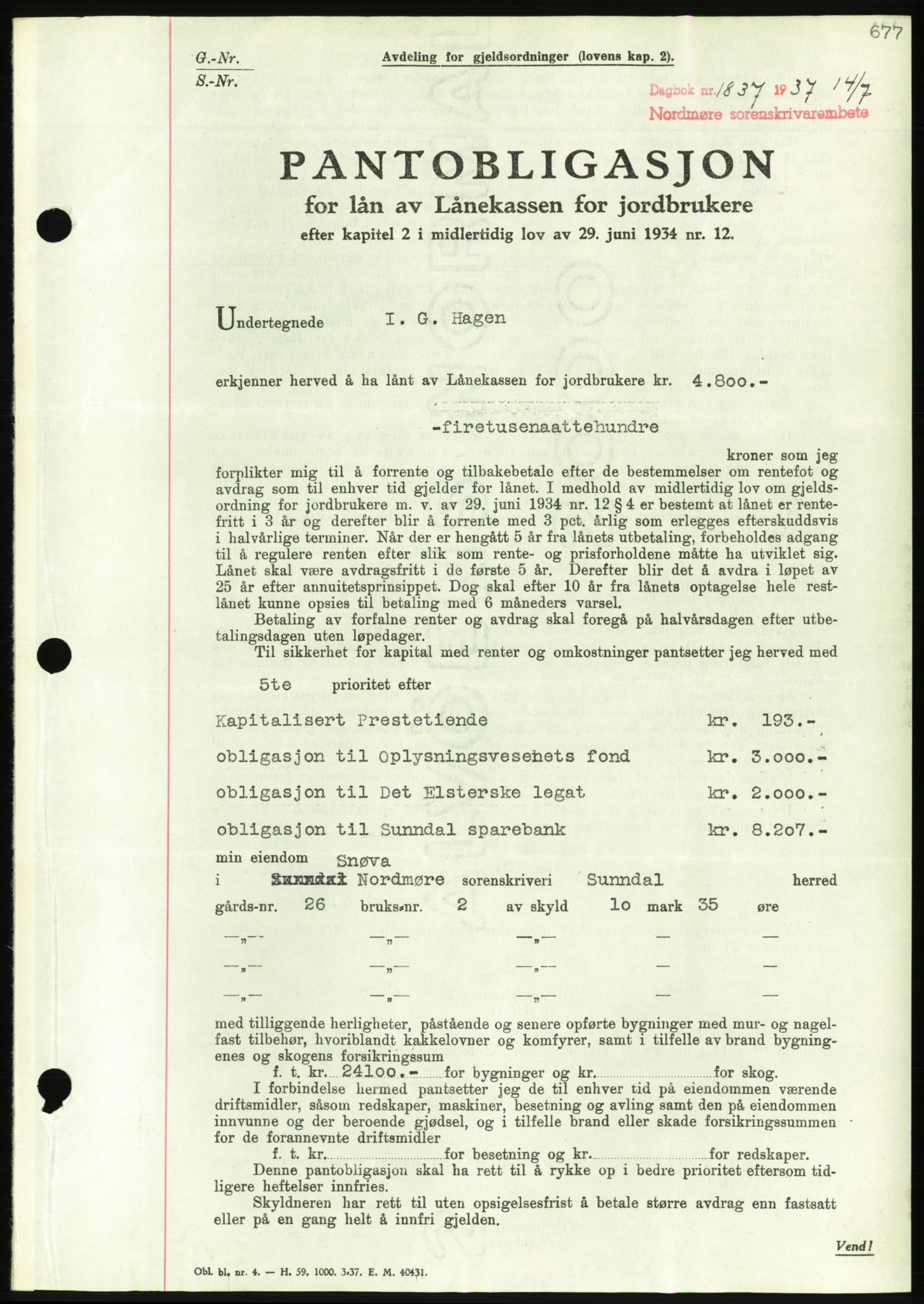 Nordmøre sorenskriveri, AV/SAT-A-4132/1/2/2Ca/L0091: Pantebok nr. B81, 1937-1937, Dagboknr: 1837/1937