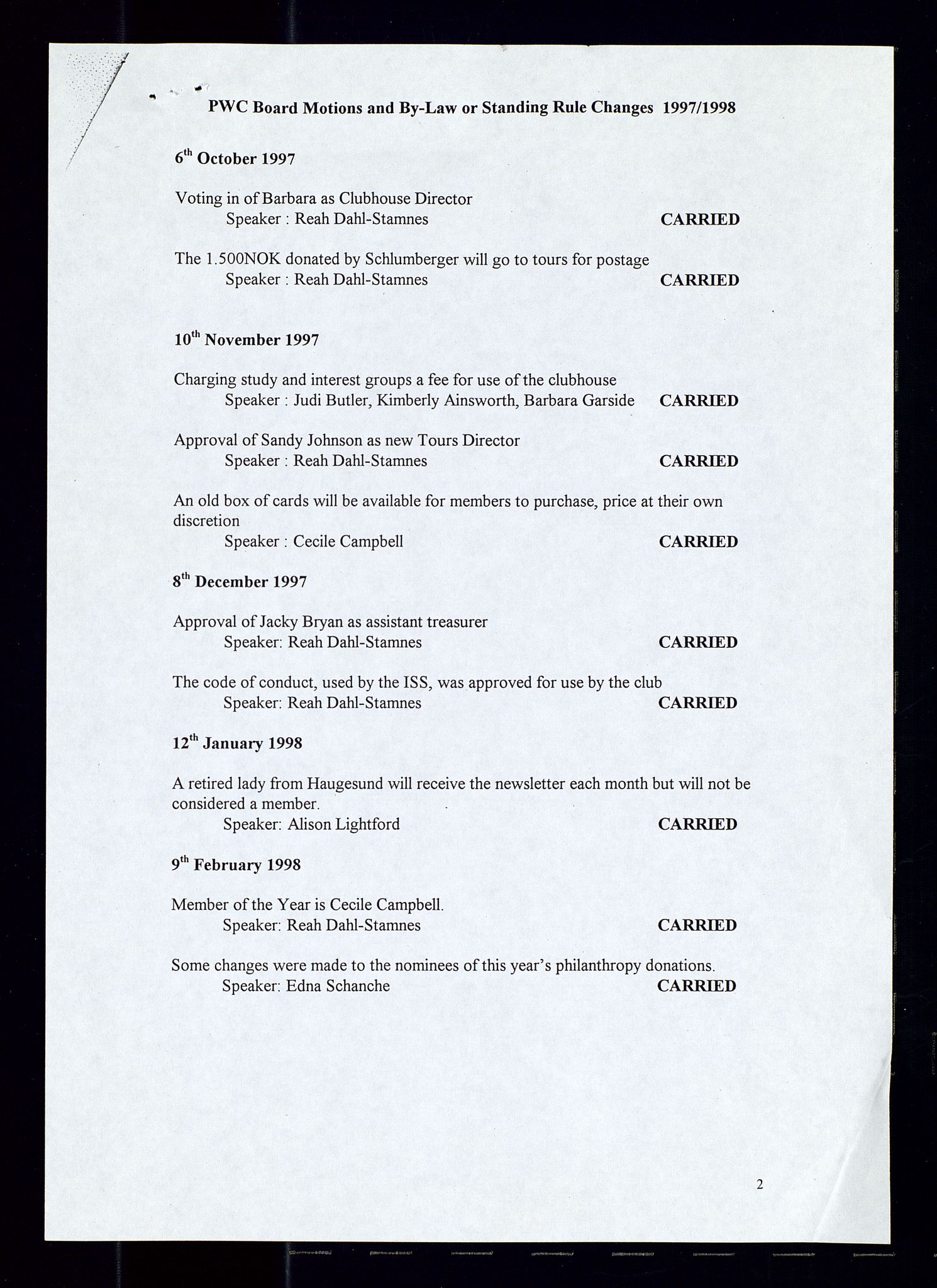 PA 1547 - Petroleum Wives Club, AV/SAST-A-101974/A/Aa/L0003: Board and General Meeting, 1994-1998