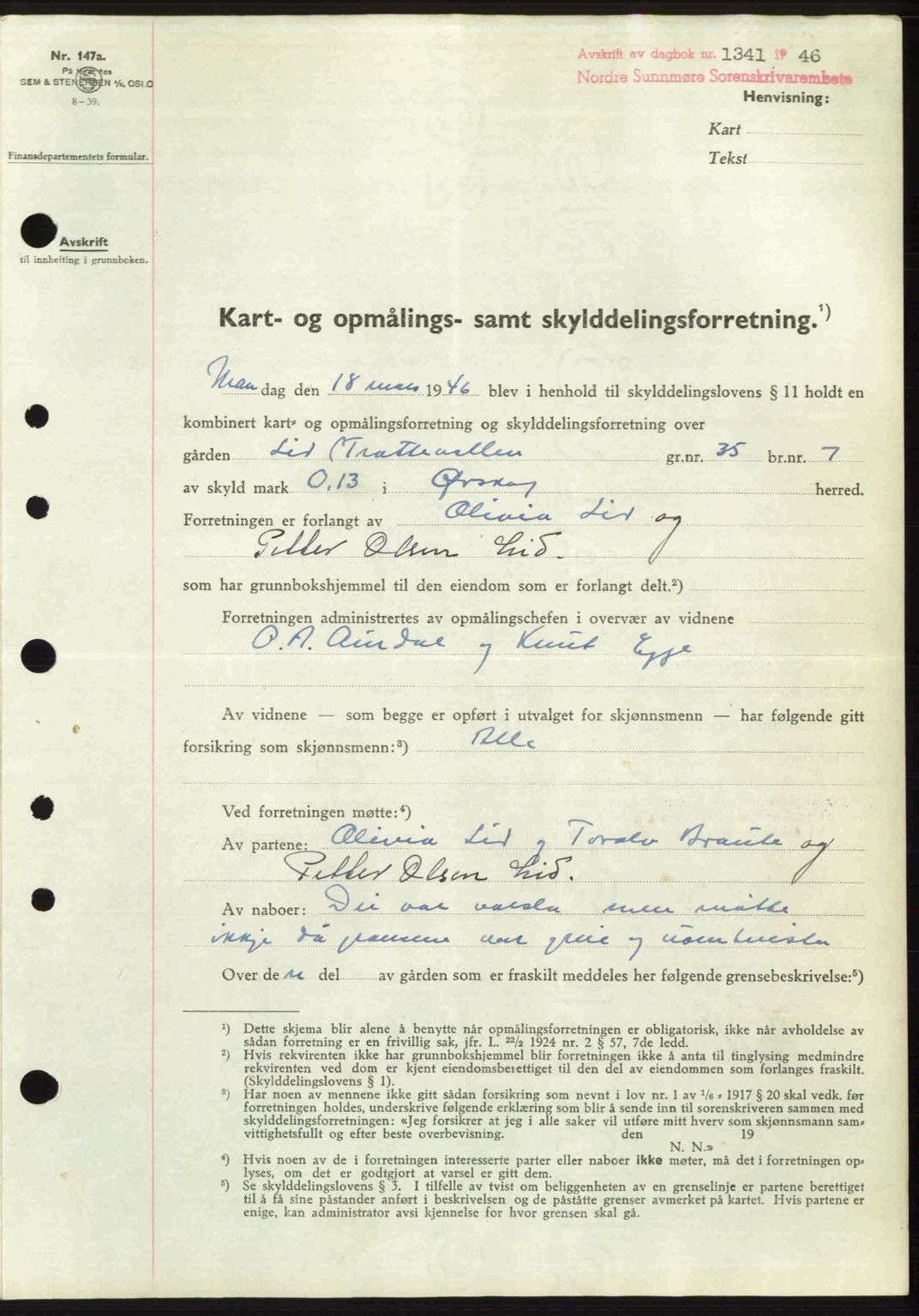Nordre Sunnmøre sorenskriveri, SAT/A-0006/1/2/2C/2Ca: Pantebok nr. A22, 1946-1946, Dagboknr: 1341/1946