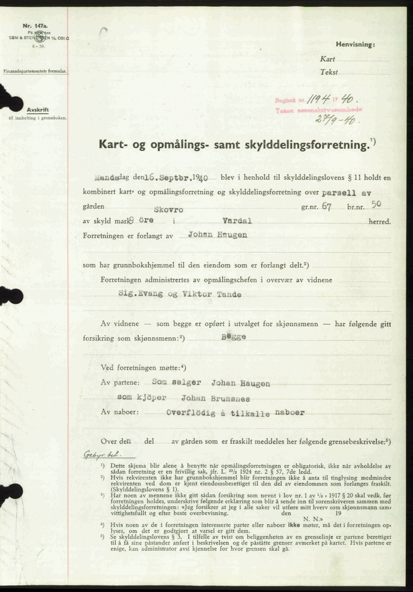 Toten tingrett, SAH/TING-006/H/Hb/Hbc/L0007: Pantebok nr. Hbc-07, 1939-1940, Dagboknr: 1194/1940