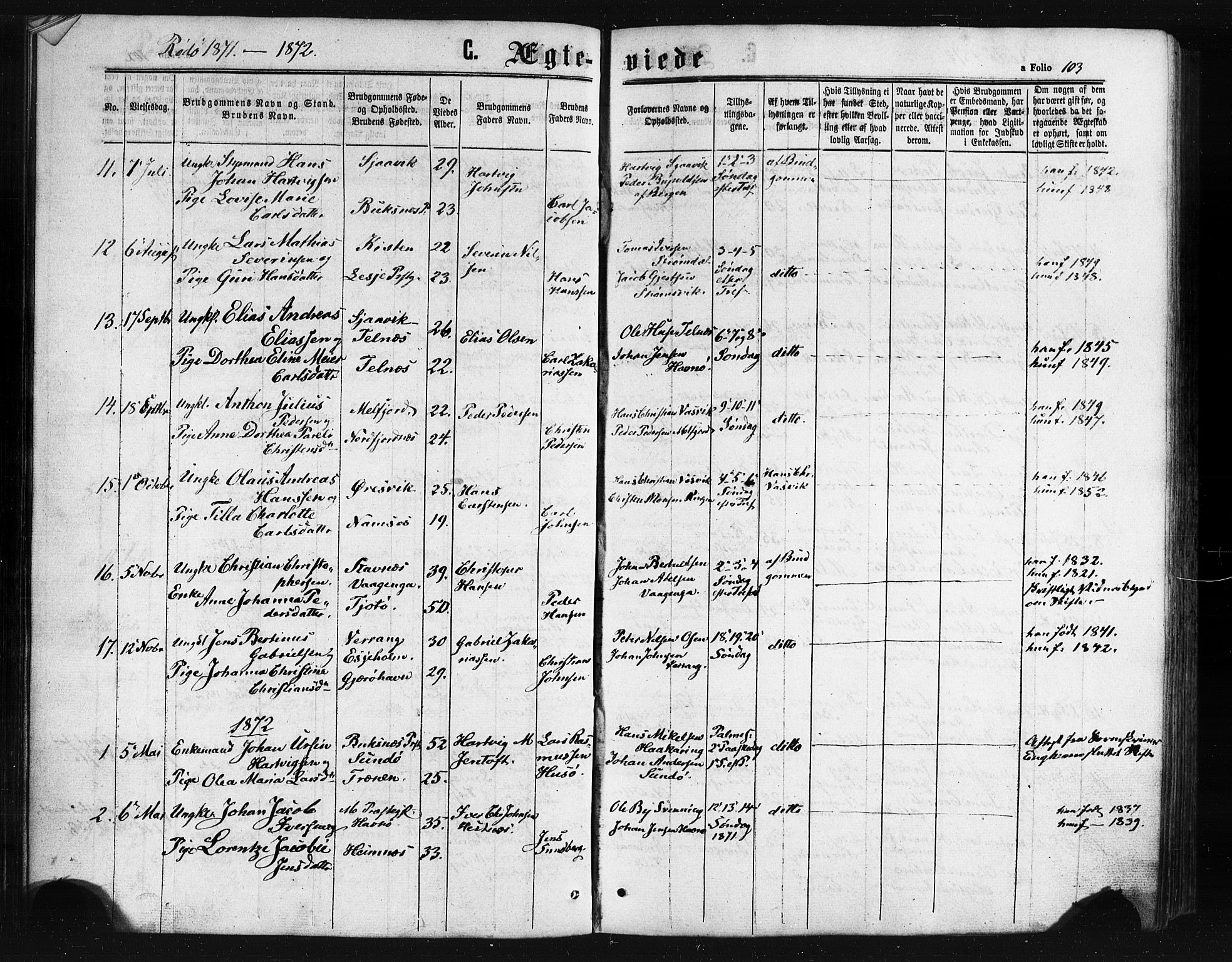 Ministerialprotokoller, klokkerbøker og fødselsregistre - Nordland, AV/SAT-A-1459/841/L0607: Ministerialbok nr. 841A11 /1, 1863-1877, s. 103