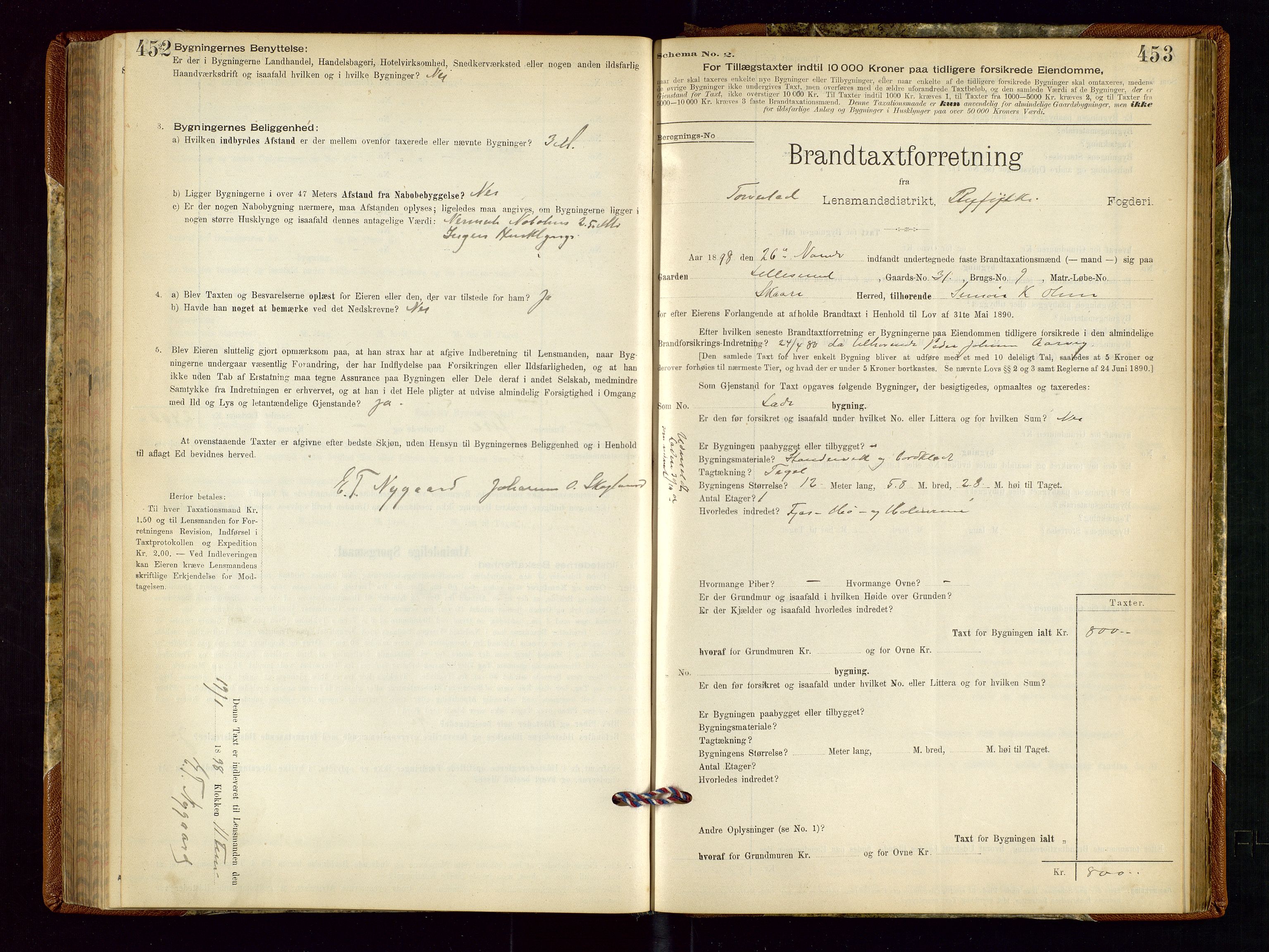 Torvestad lensmannskontor, AV/SAST-A-100307/1/Gob/L0001: "Brandtaxationsprotokol for Torvestad Lensmannsdistrikt", 1895-1904, s. 452-453