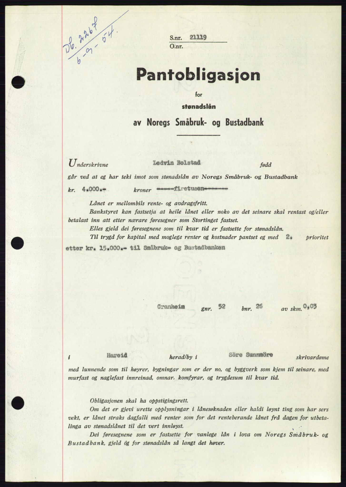 Søre Sunnmøre sorenskriveri, SAT/A-4122/1/2/2C/L0125: Pantebok nr. 13B, 1954-1954, Dagboknr: 2267/1954