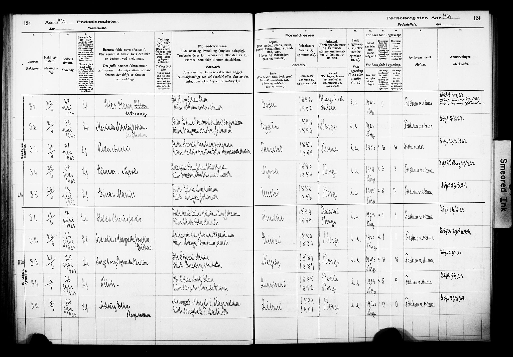 Ministerialprotokoller, klokkerbøker og fødselsregistre - Nordland, AV/SAT-A-1459/880/L1145: Fødselsregister nr. 880.II.4.1, 1916-1929, s. 124