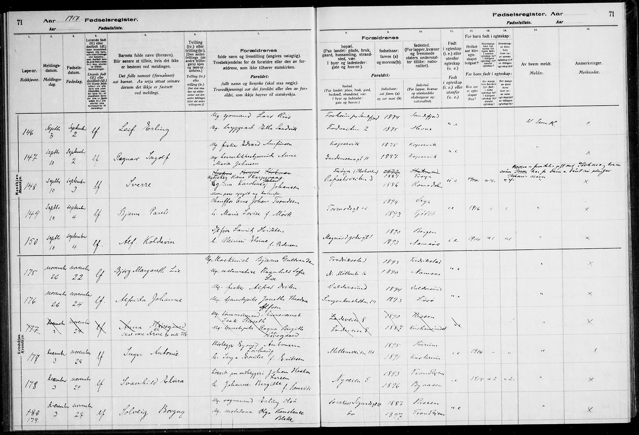Ministerialprotokoller, klokkerbøker og fødselsregistre - Sør-Trøndelag, AV/SAT-A-1456/600/L0002: Fødselsregister nr. 600.II.4.1, 1916-1920, s. 71