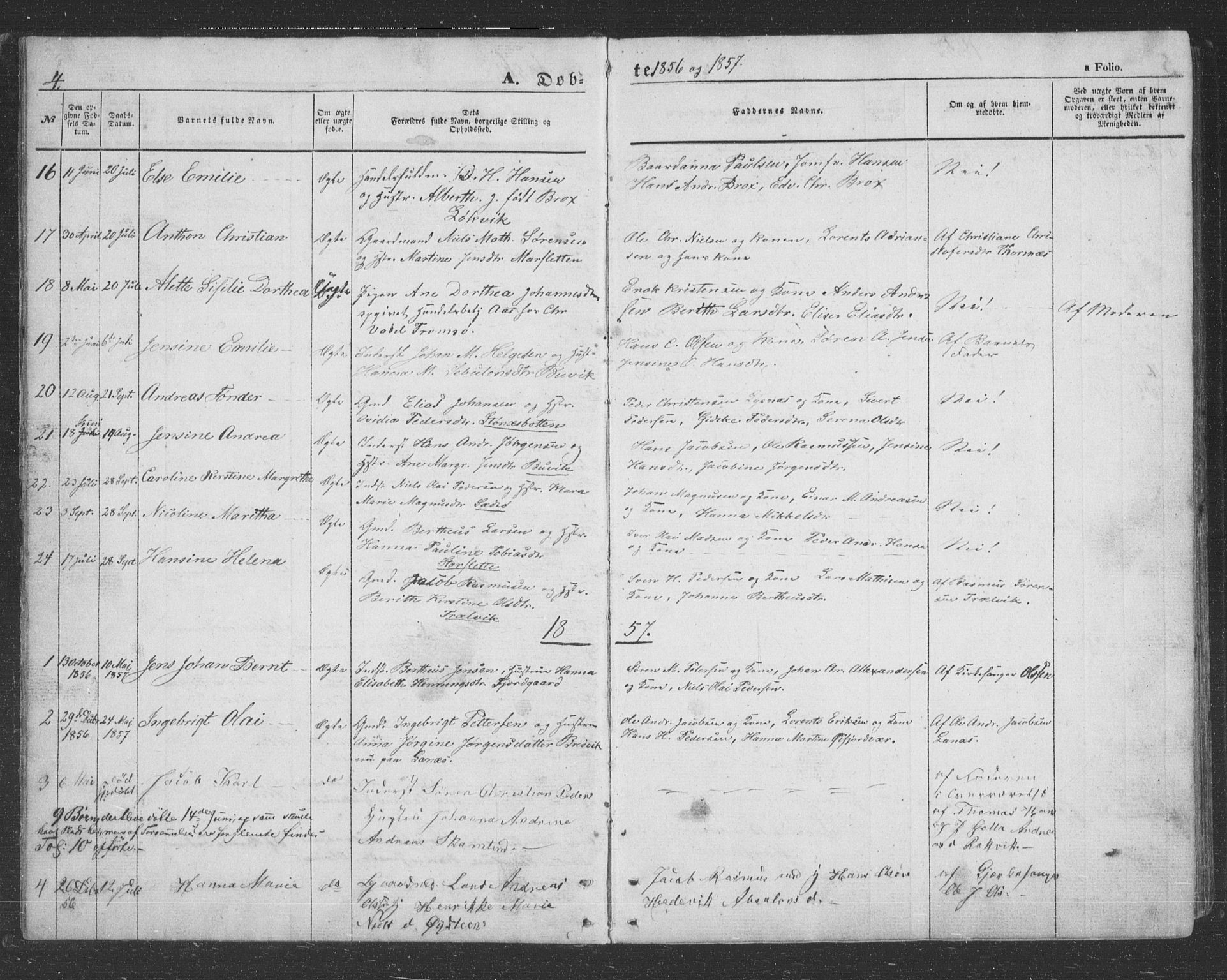 Lenvik sokneprestembete, AV/SATØ-S-1310/H/Ha/Hab/L0020klokker: Klokkerbok nr. 20, 1855-1883, s. 4