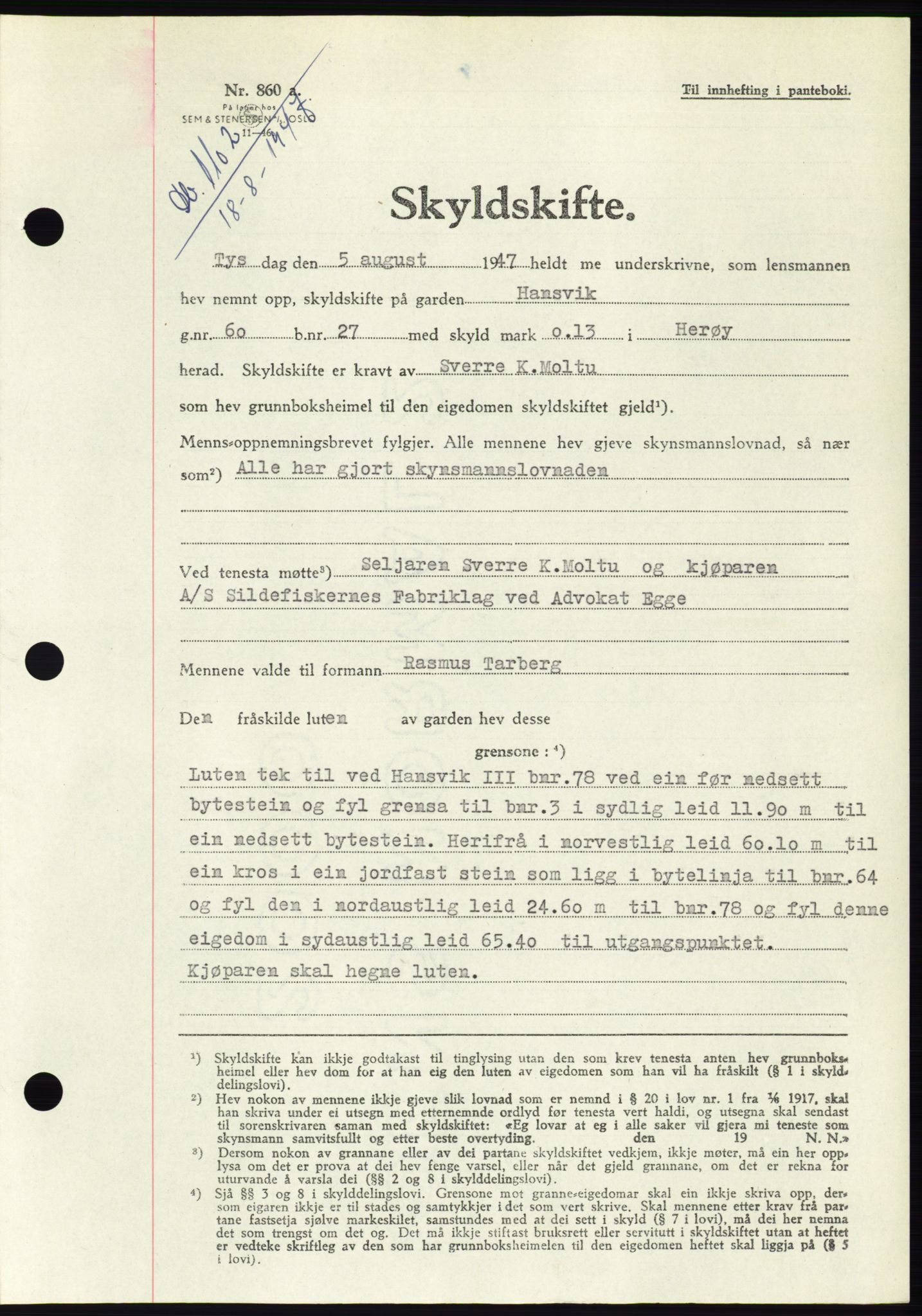 Søre Sunnmøre sorenskriveri, AV/SAT-A-4122/1/2/2C/L0081: Pantebok nr. 7A, 1947-1948, Dagboknr: 1102/1947