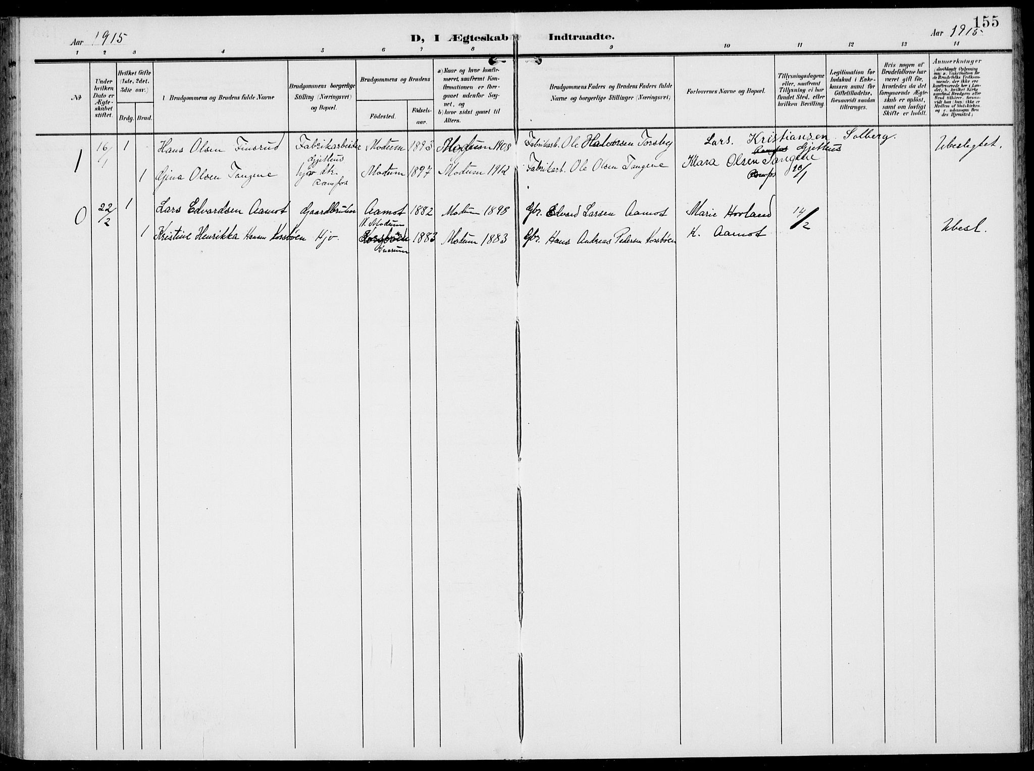 Modum kirkebøker, AV/SAKO-A-234/F/Fa/L0019: Ministerialbok nr. 19, 1890-1914, s. 155