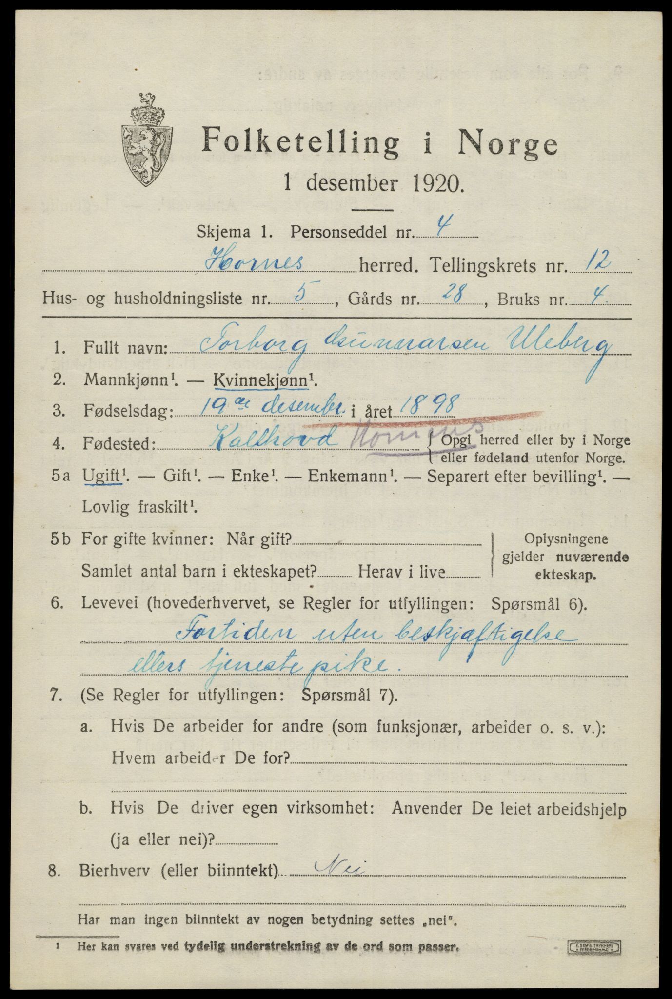 SAK, Folketelling 1920 for 0936 Hornnes herred, 1920, s. 2925