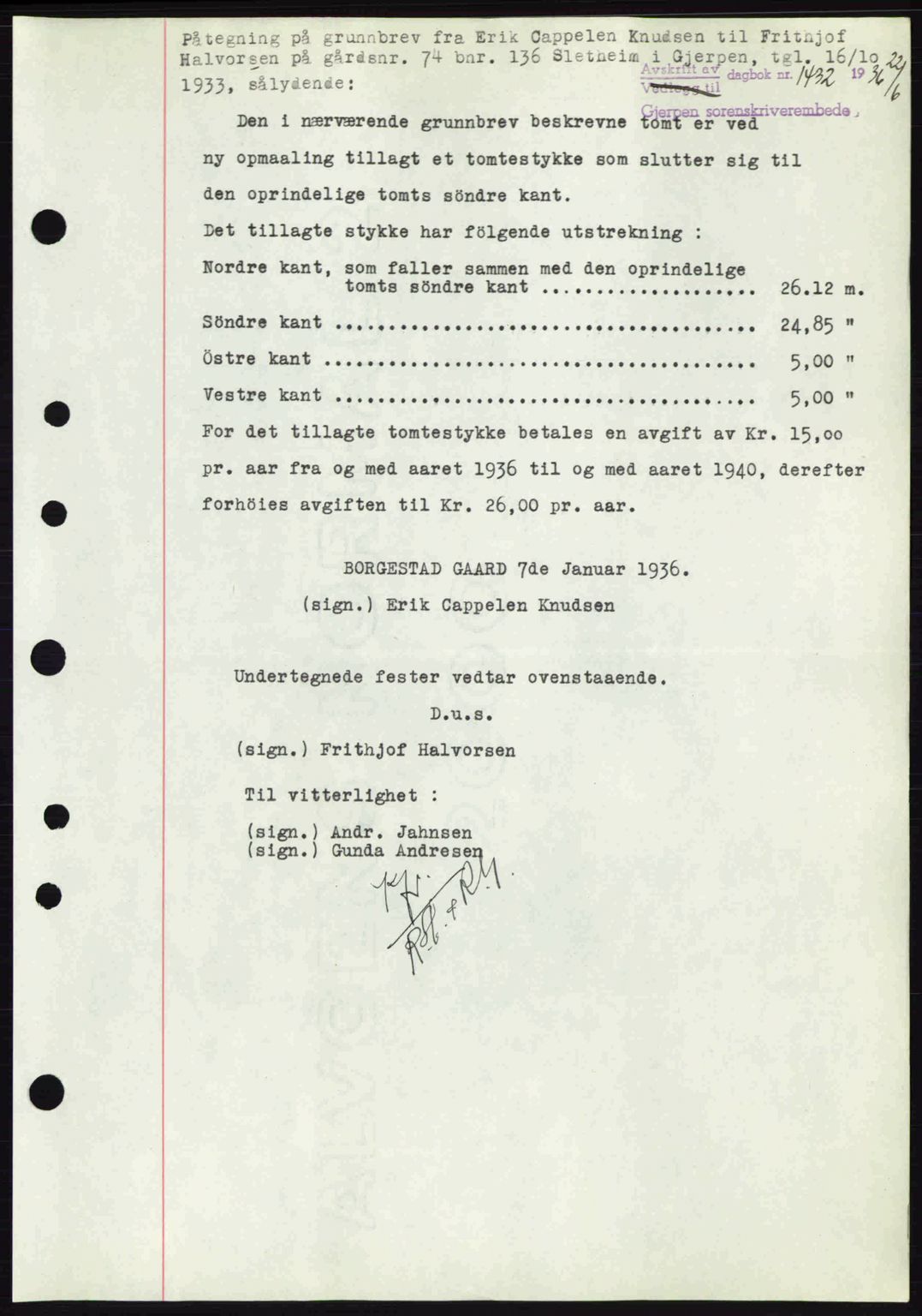 Gjerpen sorenskriveri, SAKO/A-216/G/Ga/Gae/L0067: Pantebok nr. A-66 - A-68, 1936-1937, Dagboknr: 1432/1936