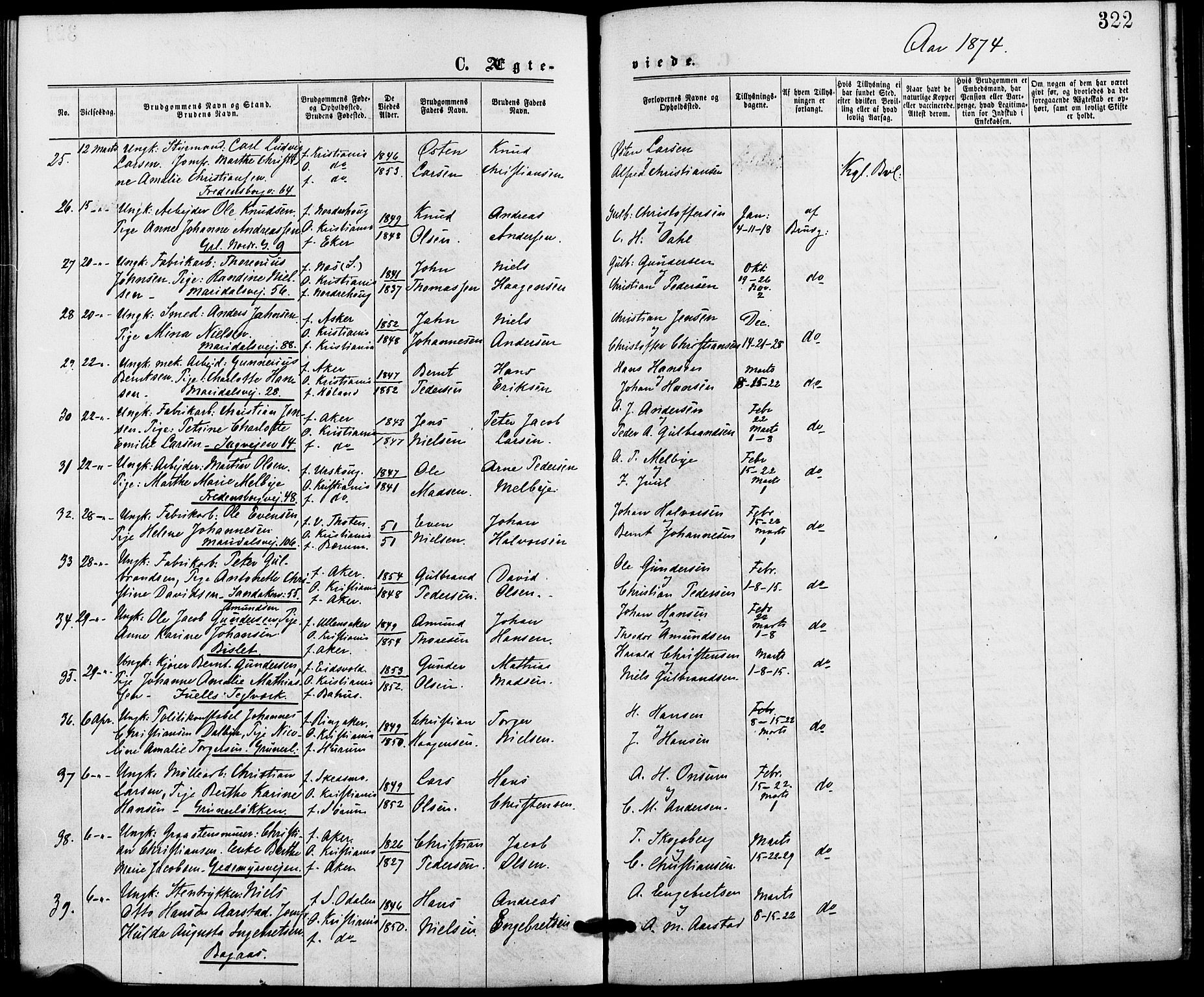 Gamle Aker prestekontor Kirkebøker, AV/SAO-A-10617a/G/L0003: Klokkerbok nr. 3, 1869-1874, s. 322