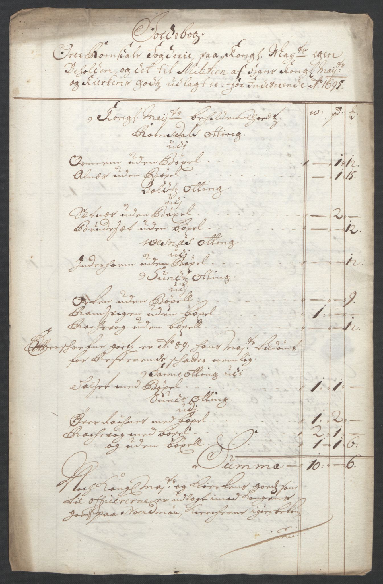 Rentekammeret inntil 1814, Reviderte regnskaper, Fogderegnskap, AV/RA-EA-4092/R55/L3652: Fogderegnskap Romsdal, 1695-1696, s. 98