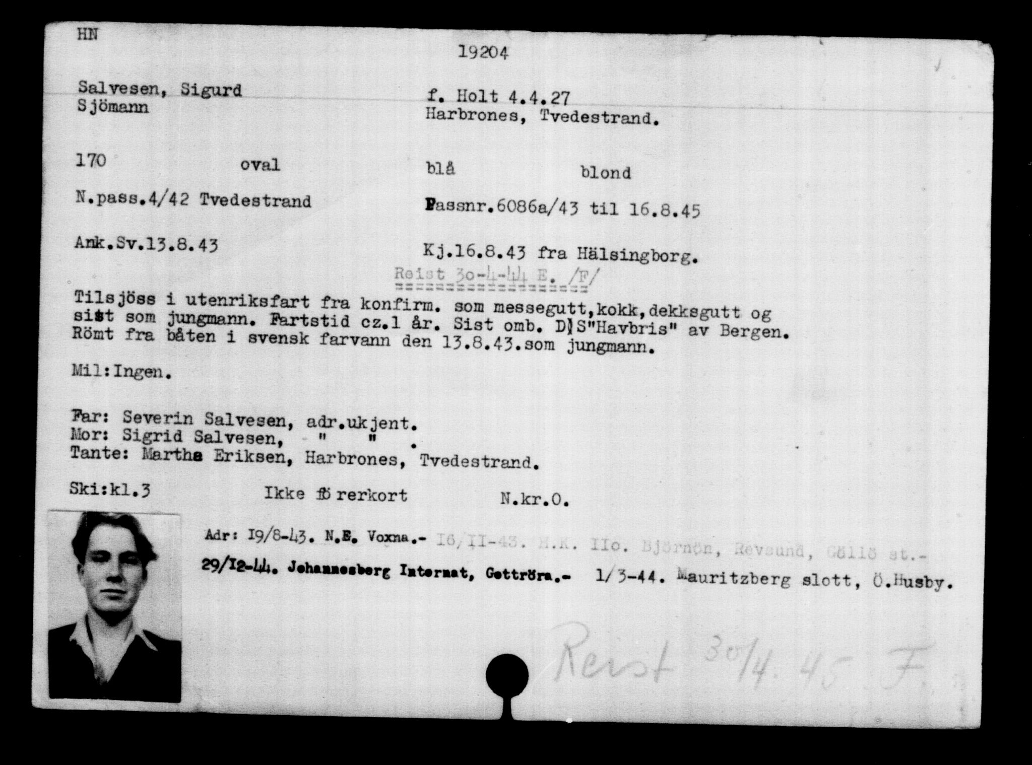 Utenriksstasjonene, Legasjonen i Stockholm, Flyktningkontoret, AV/RA-S-6753/V/Va/L0009: Kjesäterkartoteket, flyktninger med registreringsnr. 18502-22048, 1940-1945, s. 831