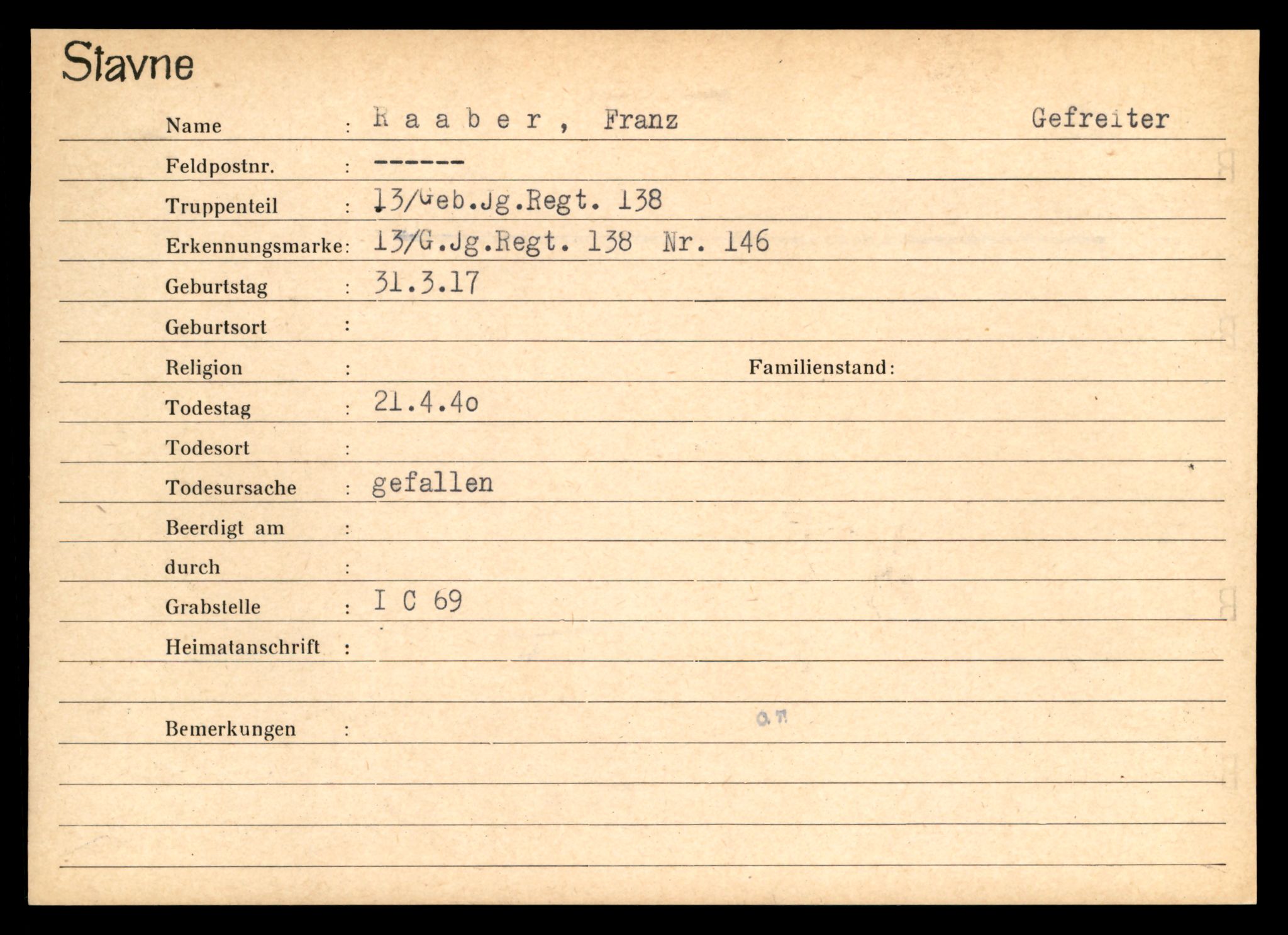 Distriktskontoret for krigsgraver, SAT/A-5030/E/L0003: Kasett/kartotek over tysk Krigskirkegård Stavne, 1945, s. 1101