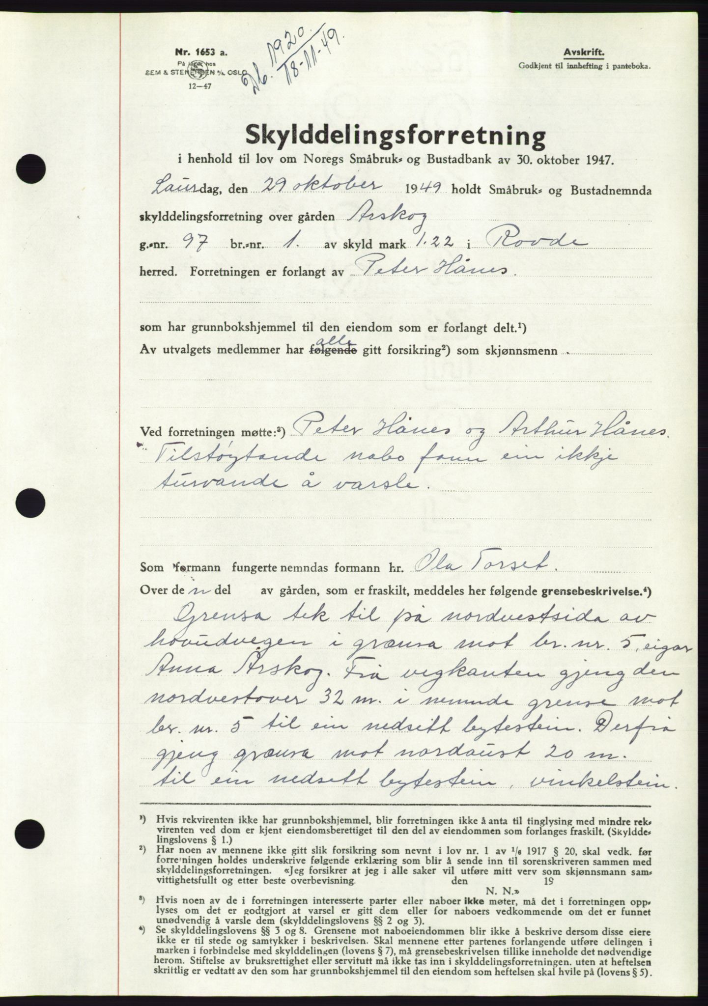 Søre Sunnmøre sorenskriveri, AV/SAT-A-4122/1/2/2C/L0085: Pantebok nr. 11A, 1949-1949, Dagboknr: 1920/1949