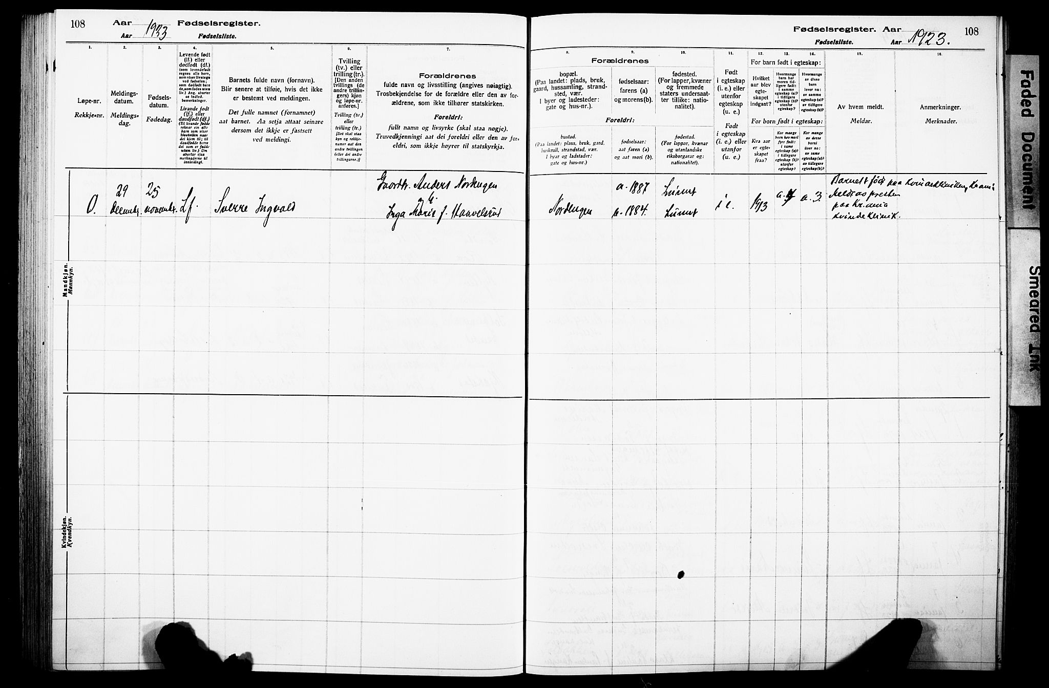 Lunner prestekontor, SAH/PREST-118/I/Id/L0001: Fødselsregister nr. 1, 1916-1932, s. 108
