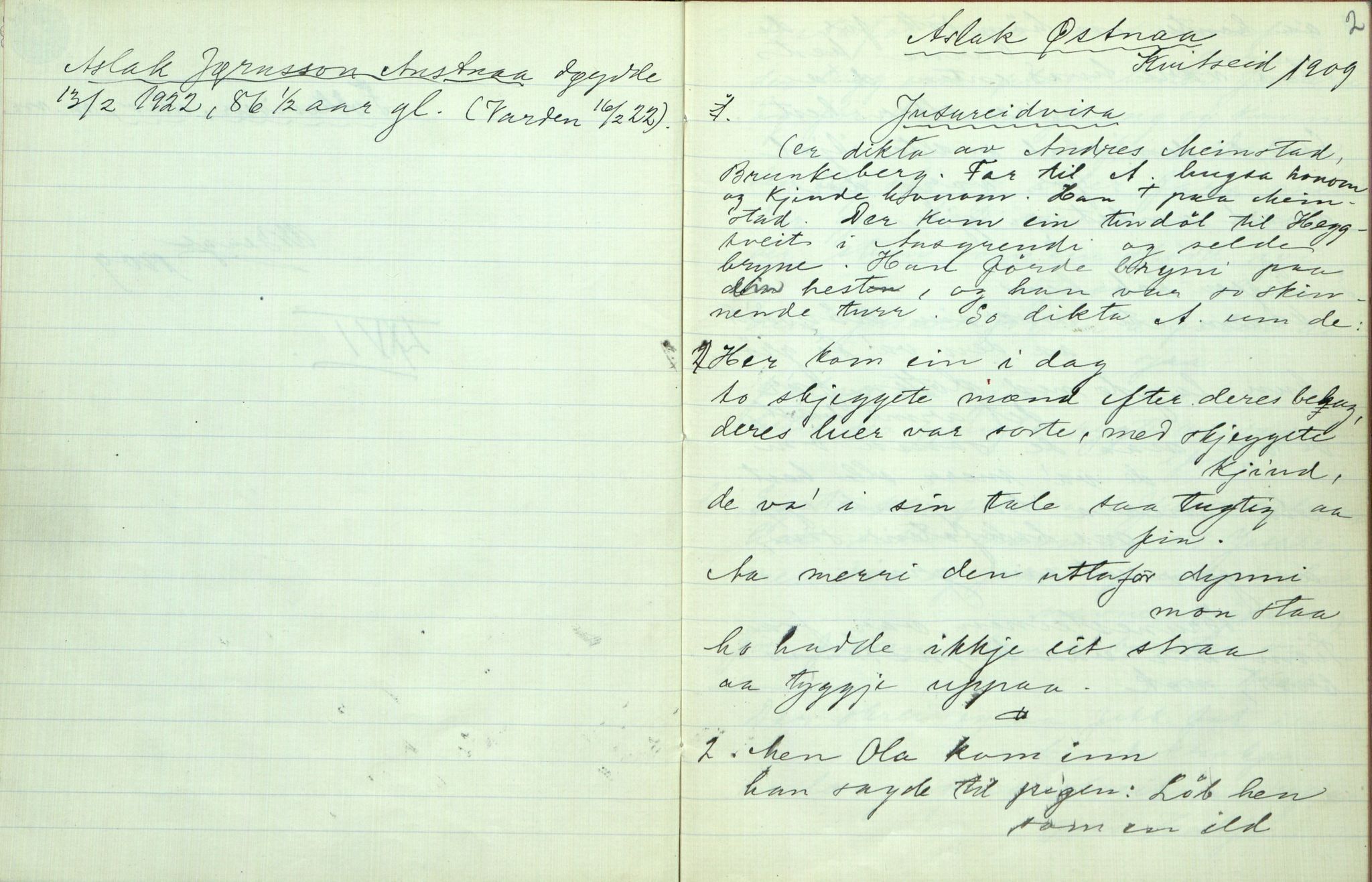 Rikard Berge, TEMU/TGM-A-1003/F/L0003/0006: 061-100 Innholdslister / 66 Folkevisur, stev m.m., 1909, s. 1-2
