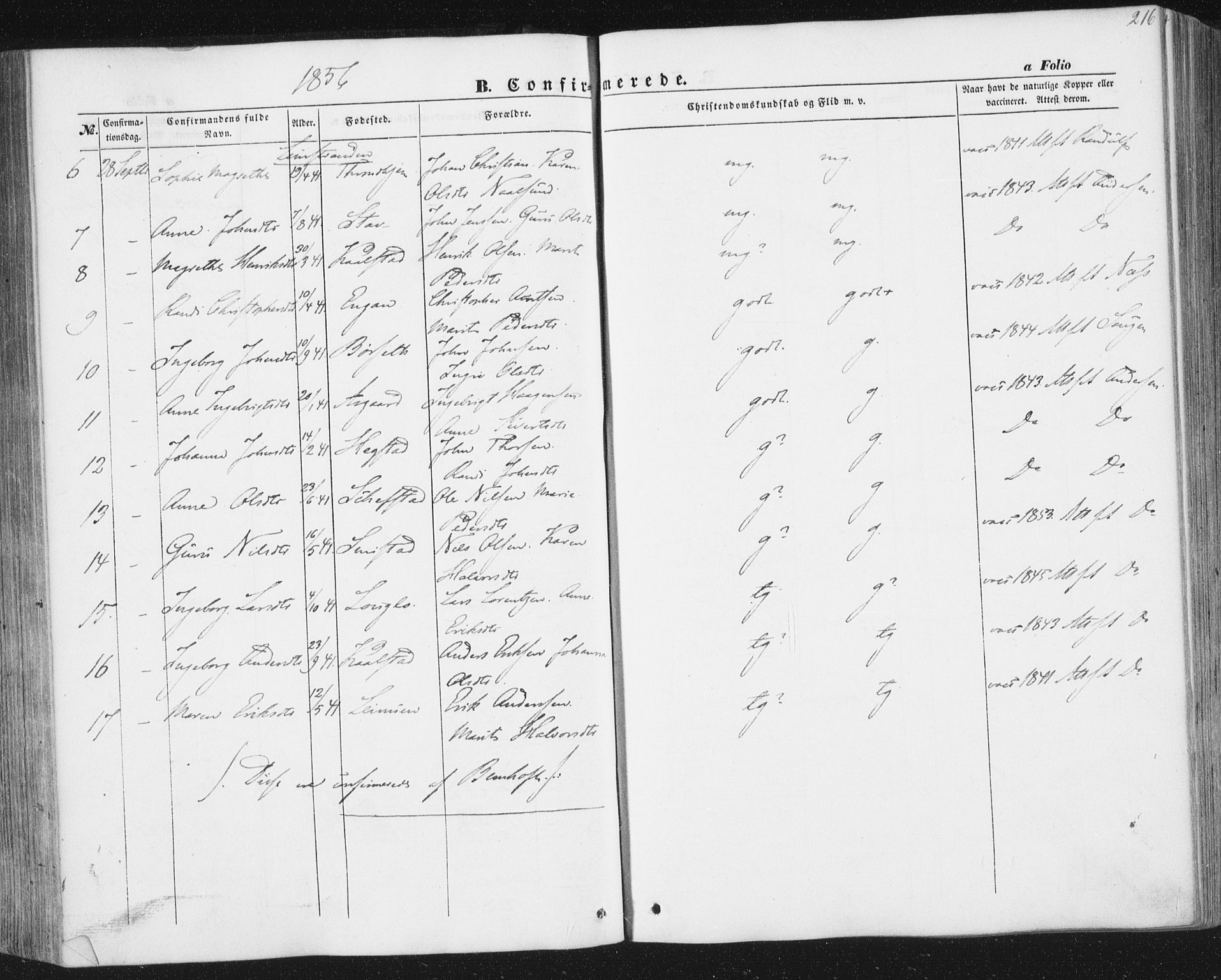 Ministerialprotokoller, klokkerbøker og fødselsregistre - Sør-Trøndelag, SAT/A-1456/691/L1076: Ministerialbok nr. 691A08, 1852-1861, s. 216